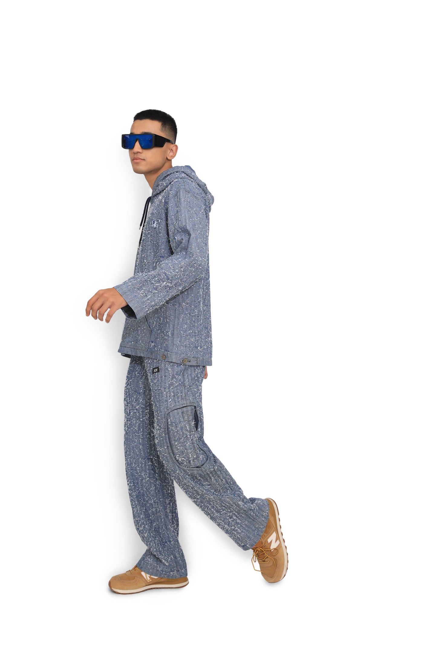 Blue Denim Hand Textured Cargo Pants