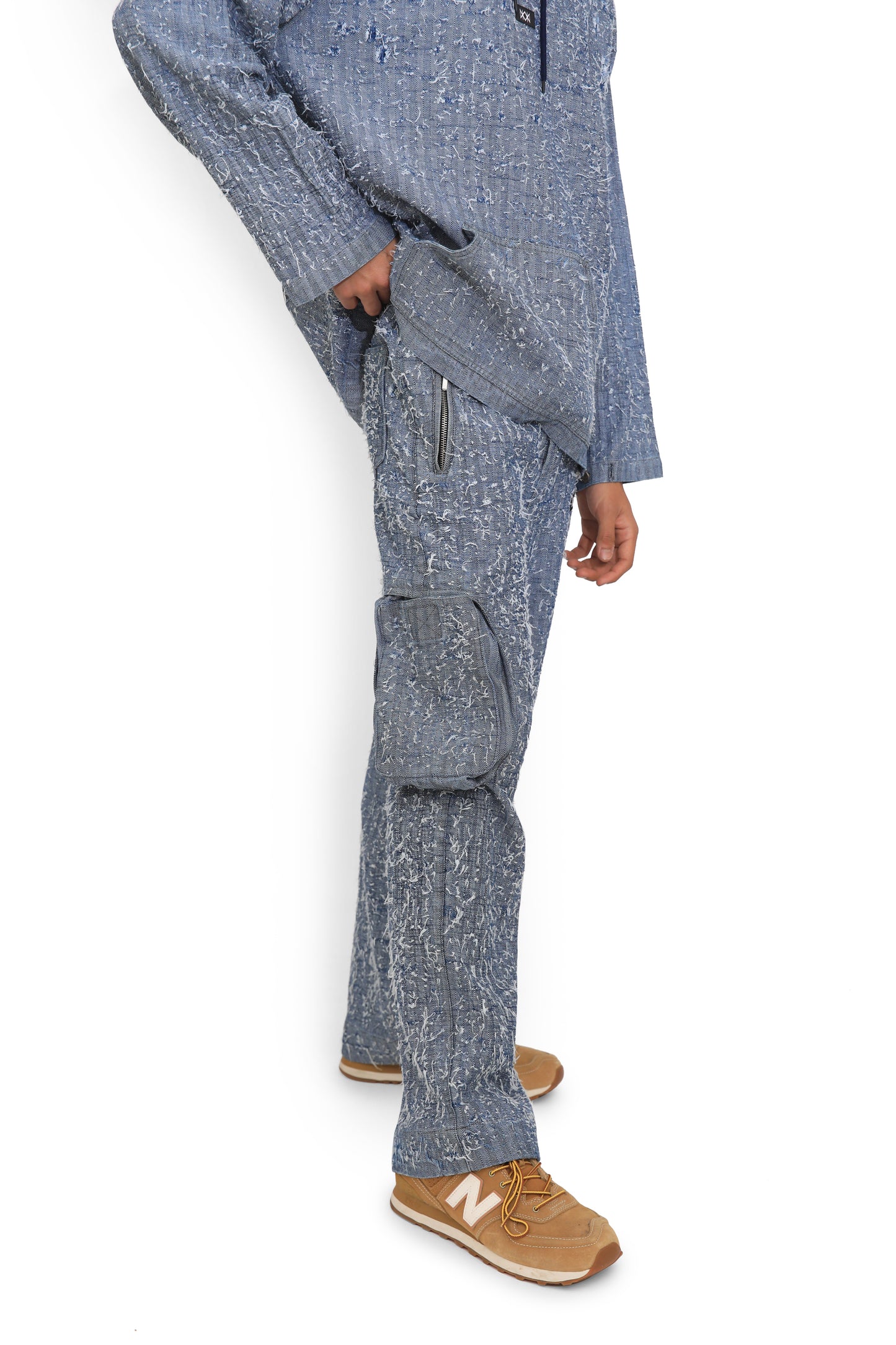 Blue Denim Hand Textured Cargo Pants