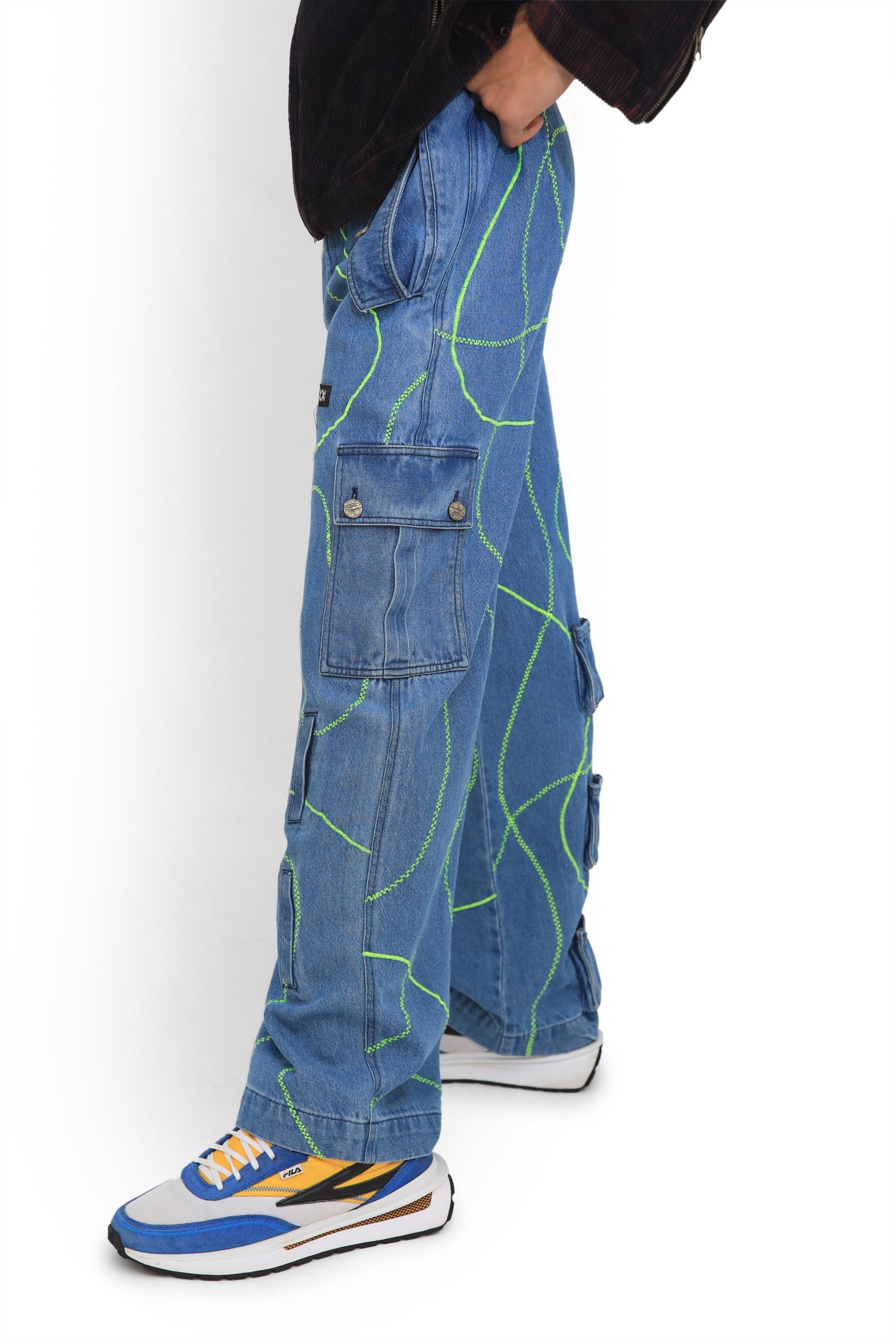 Blue Embroidered Street Map Cargo Pants