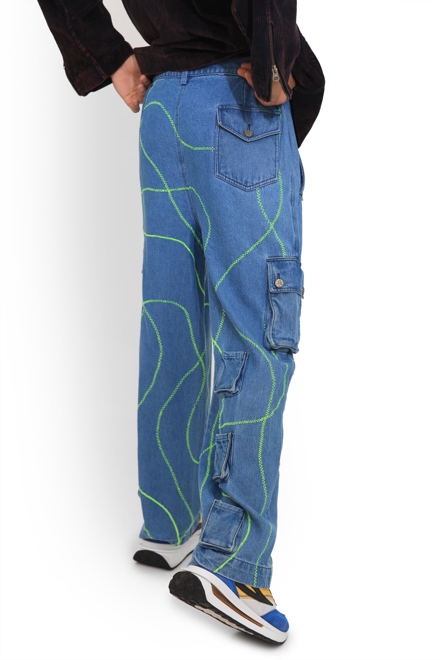 Blue Embroidered Street Map Cargo Pants
