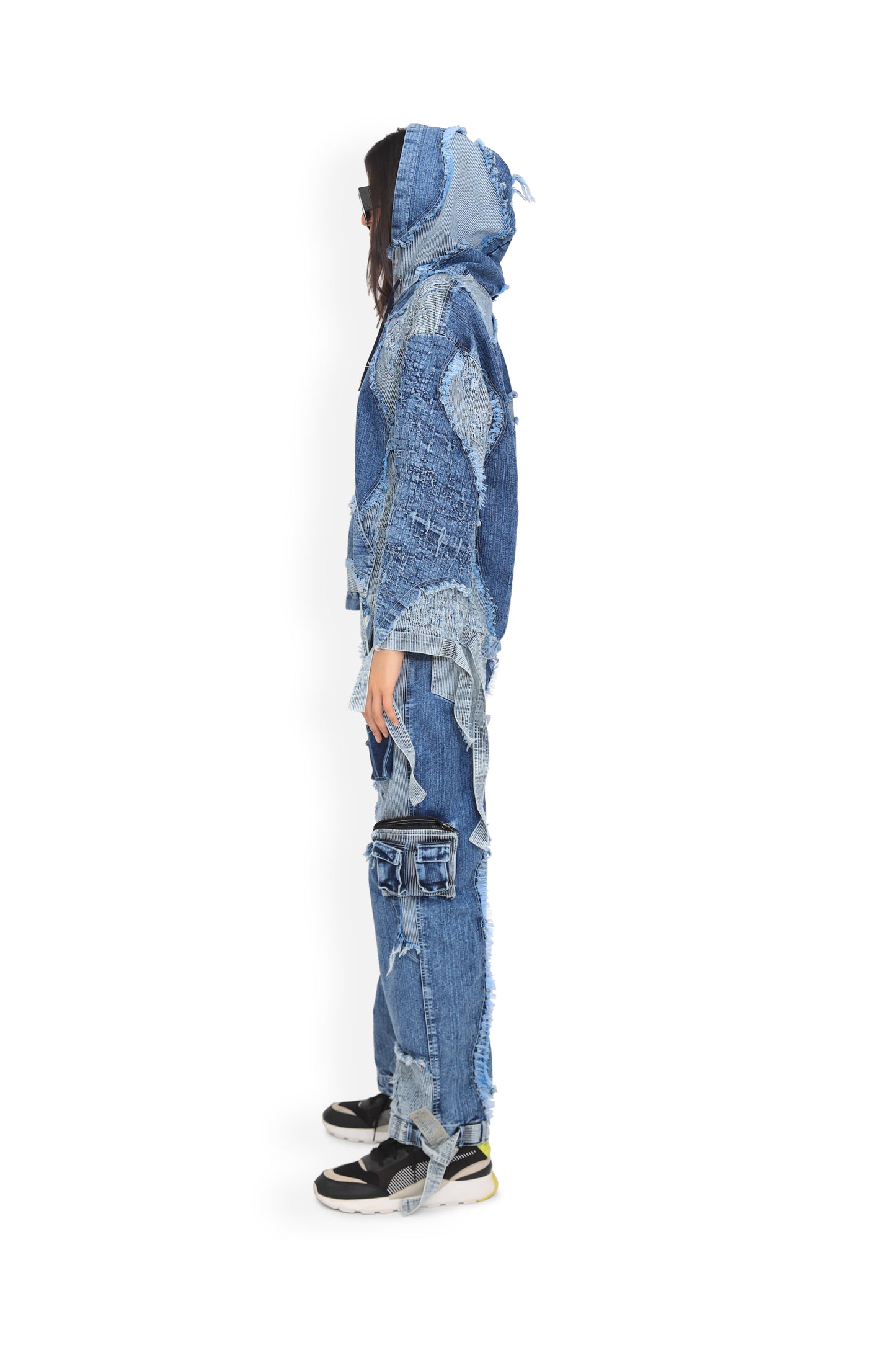 Blue Panel Distressed Cargo Pants