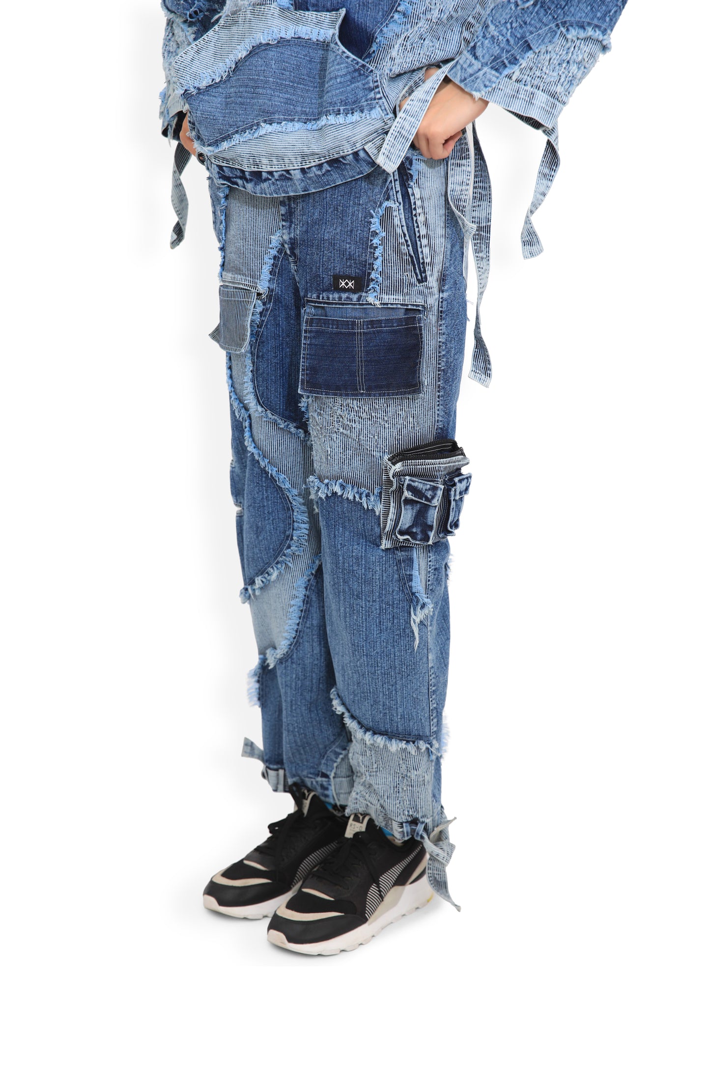 Blue Panel Distressed Cargo Pants