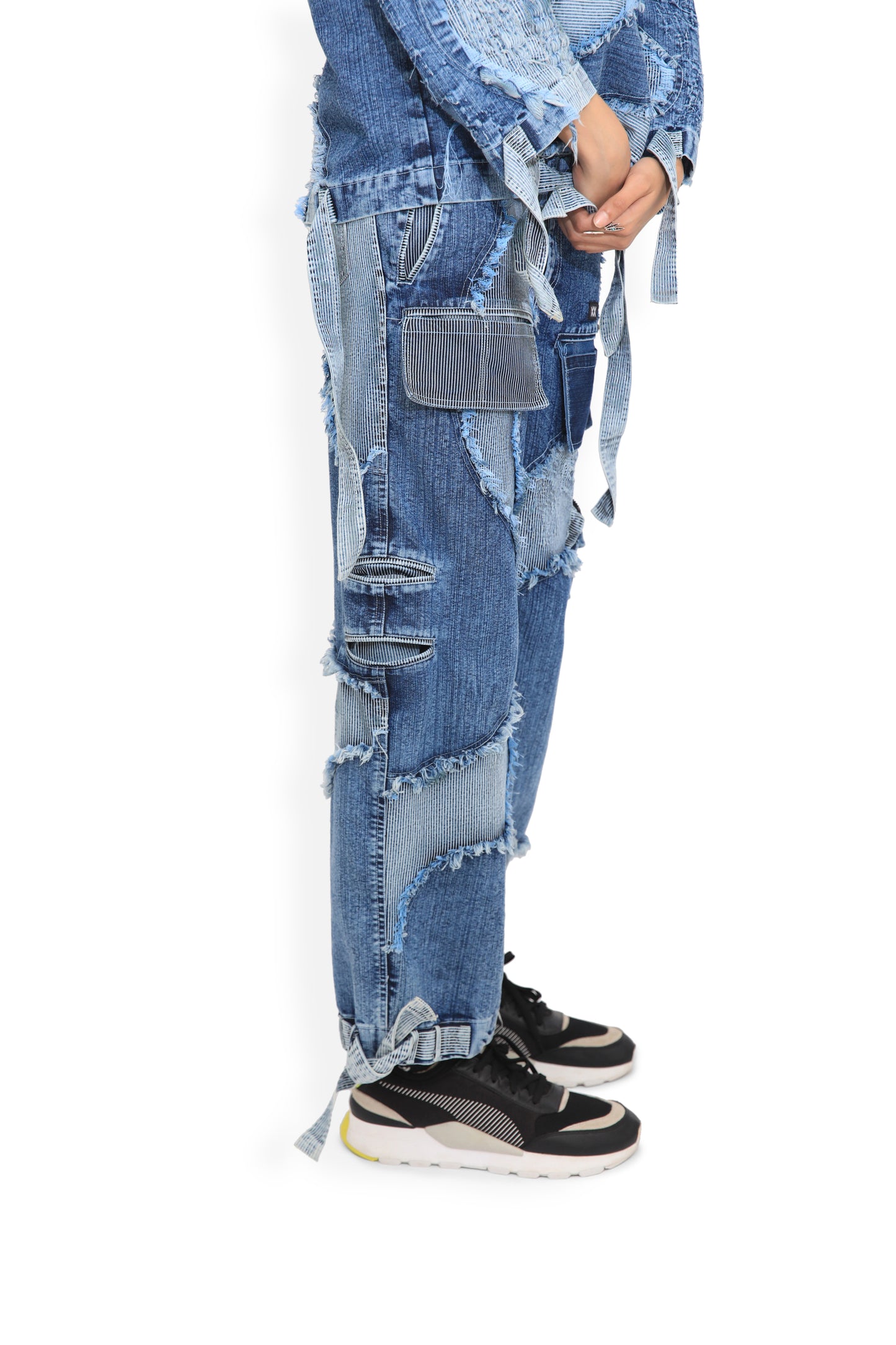 Blue Panel Distressed Cargo Pants