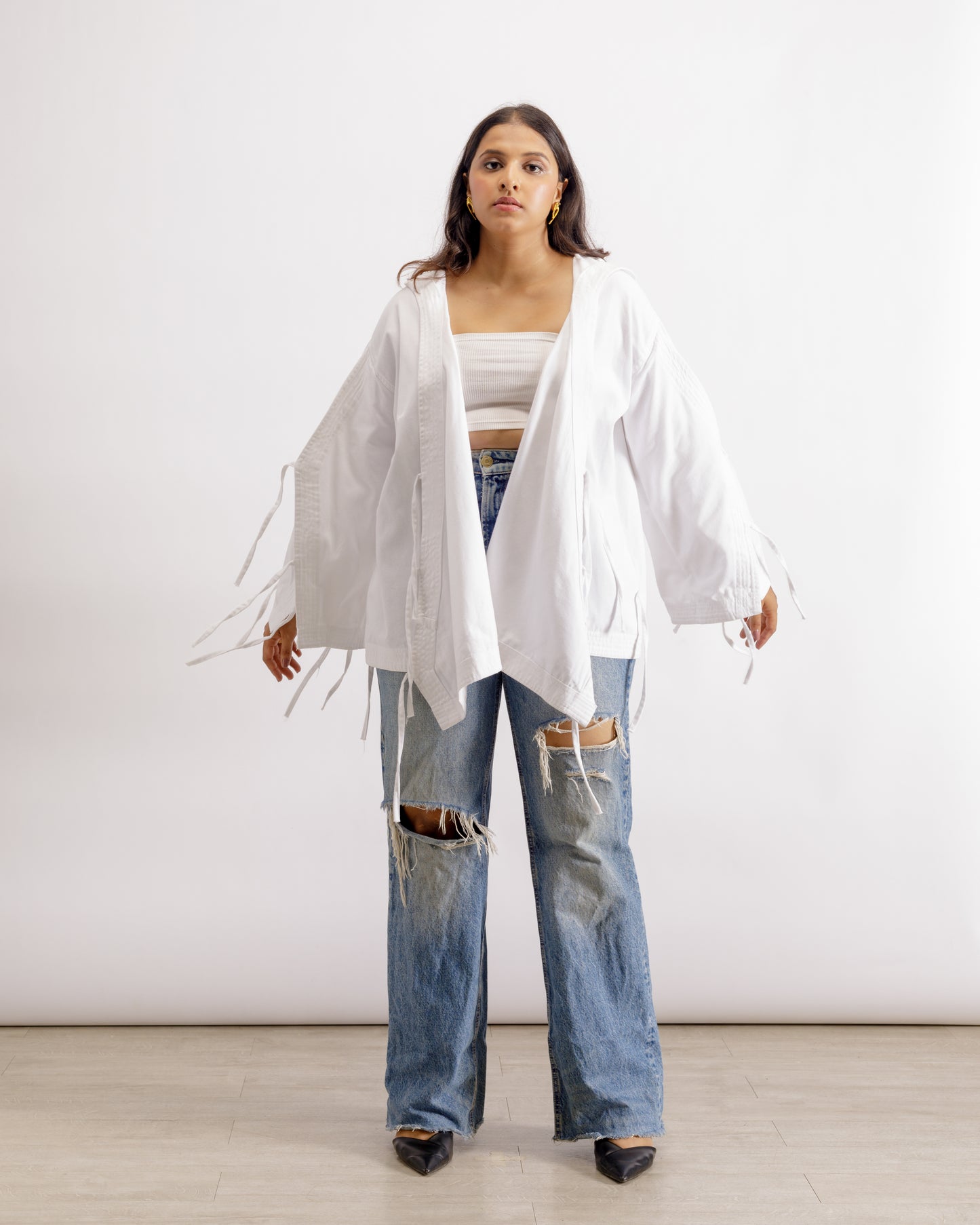 White Deconstructed Denim Cape Jacket