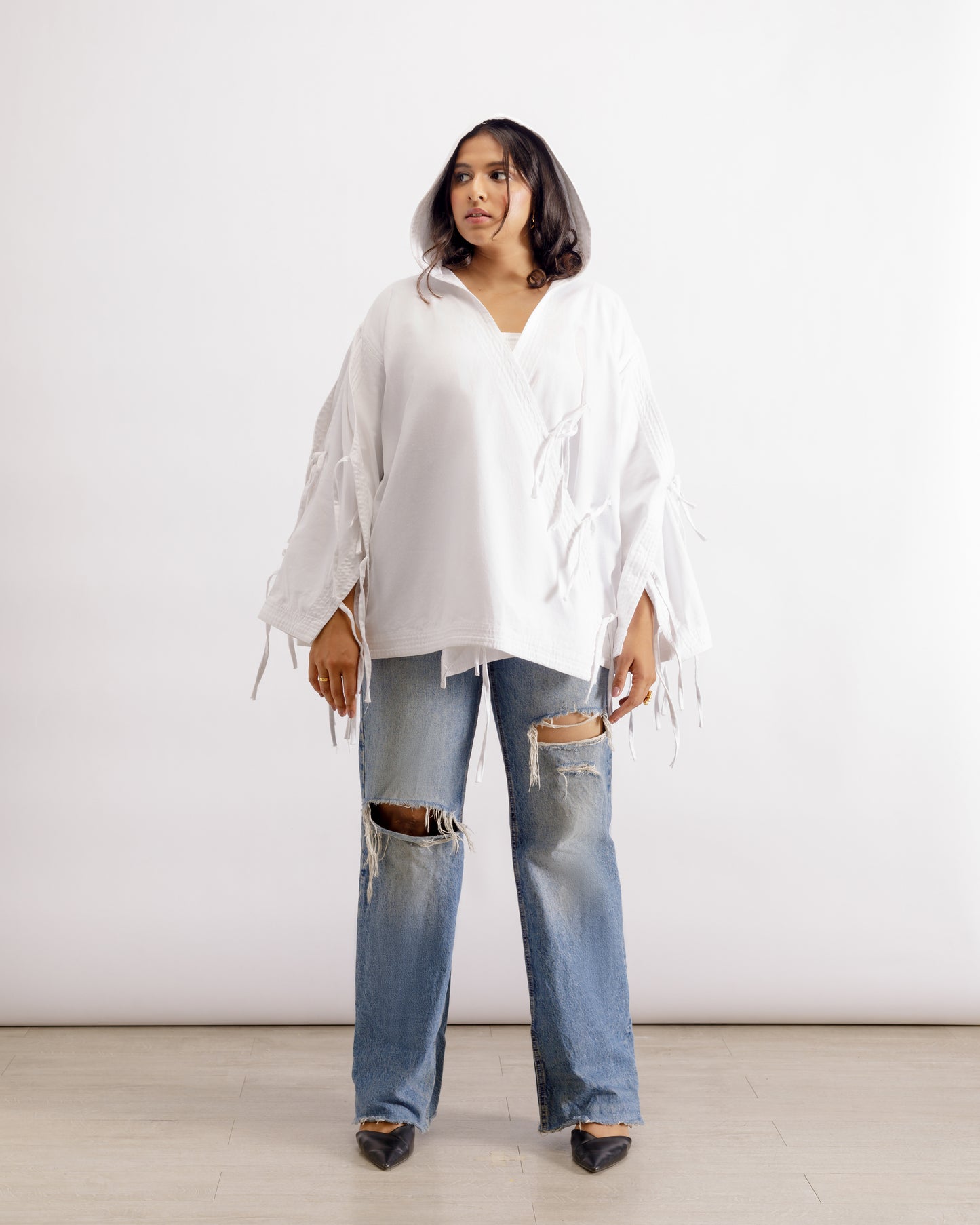 White Deconstructed Denim Cape Jacket