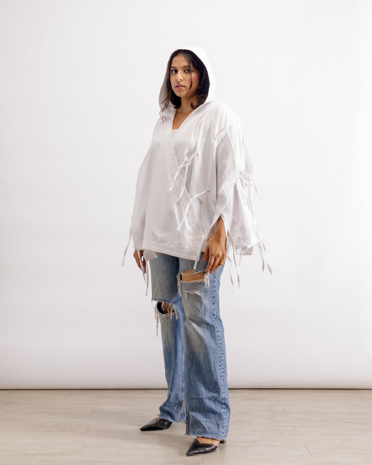 White Deconstructed Denim Cape Jacket