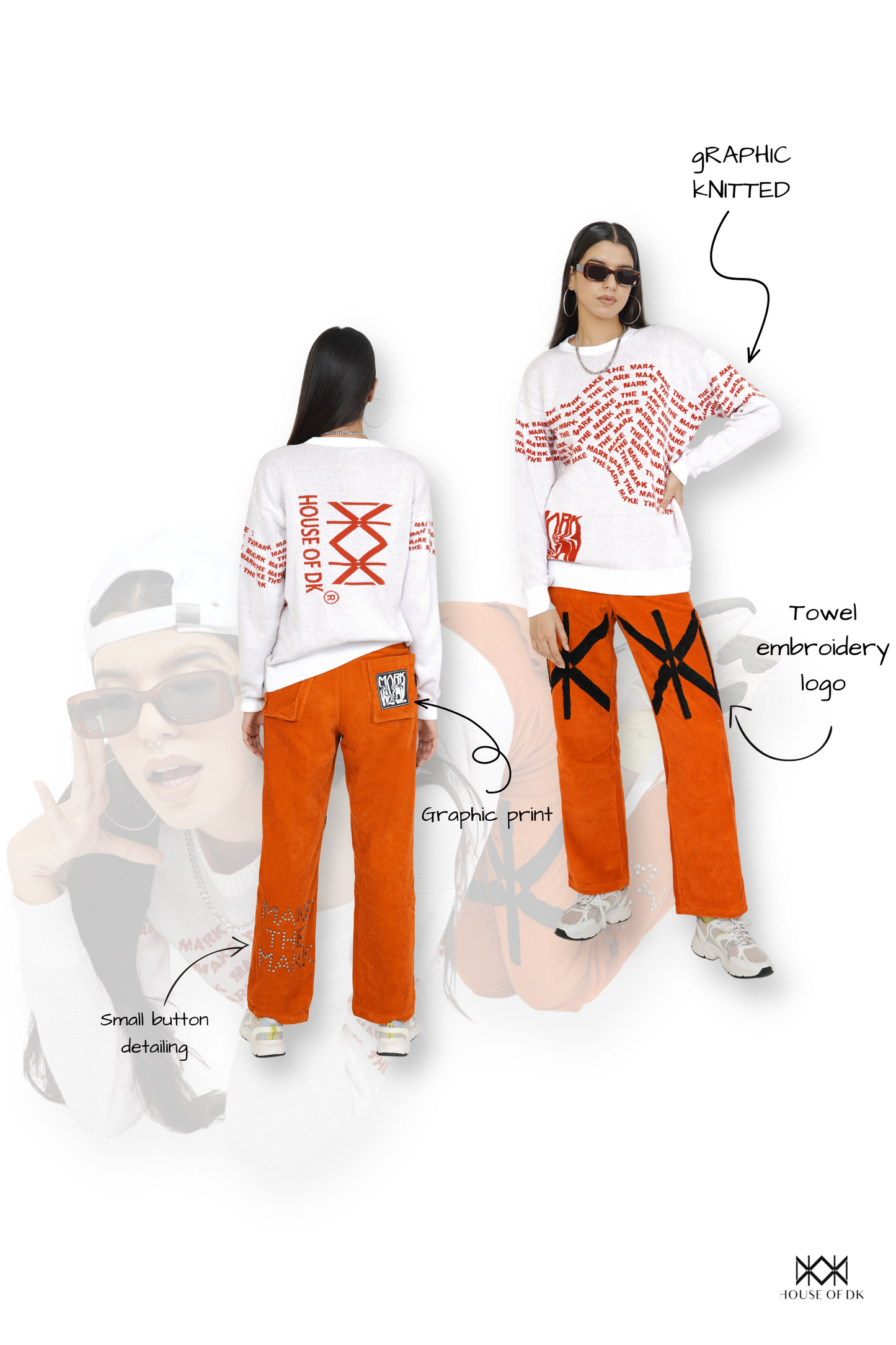 Orange Tan Graphic Knitted Sweatshirt & Monogram Pant Set