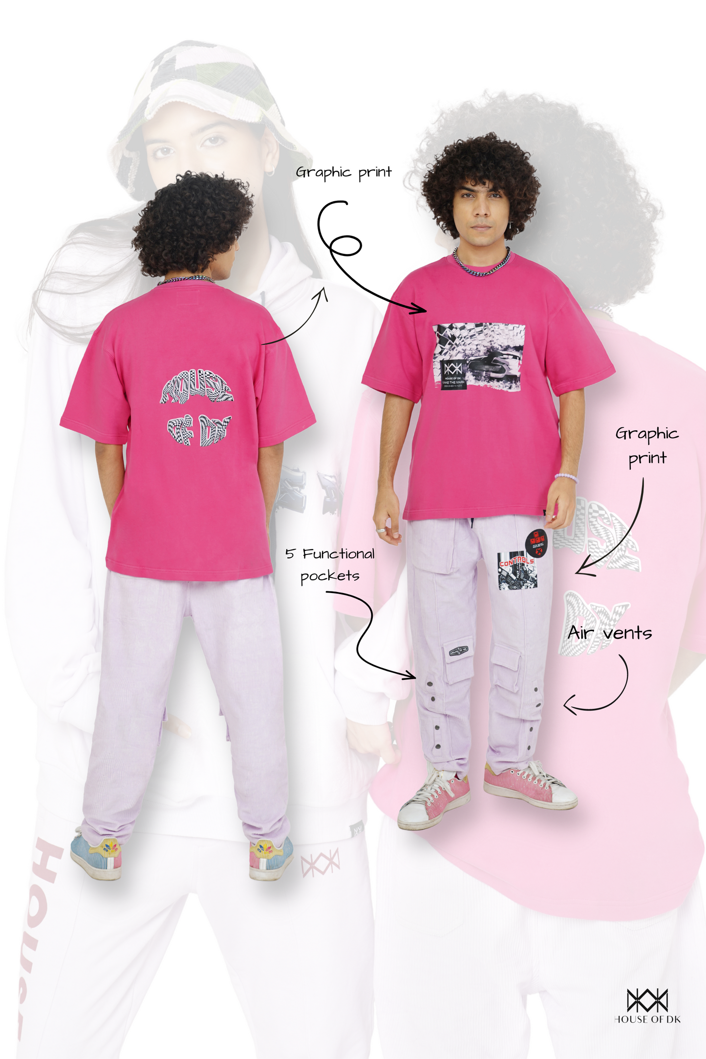 Shocking Pink Graphic T-Shirt & Misty Purple Control Cargo Track Pants Set