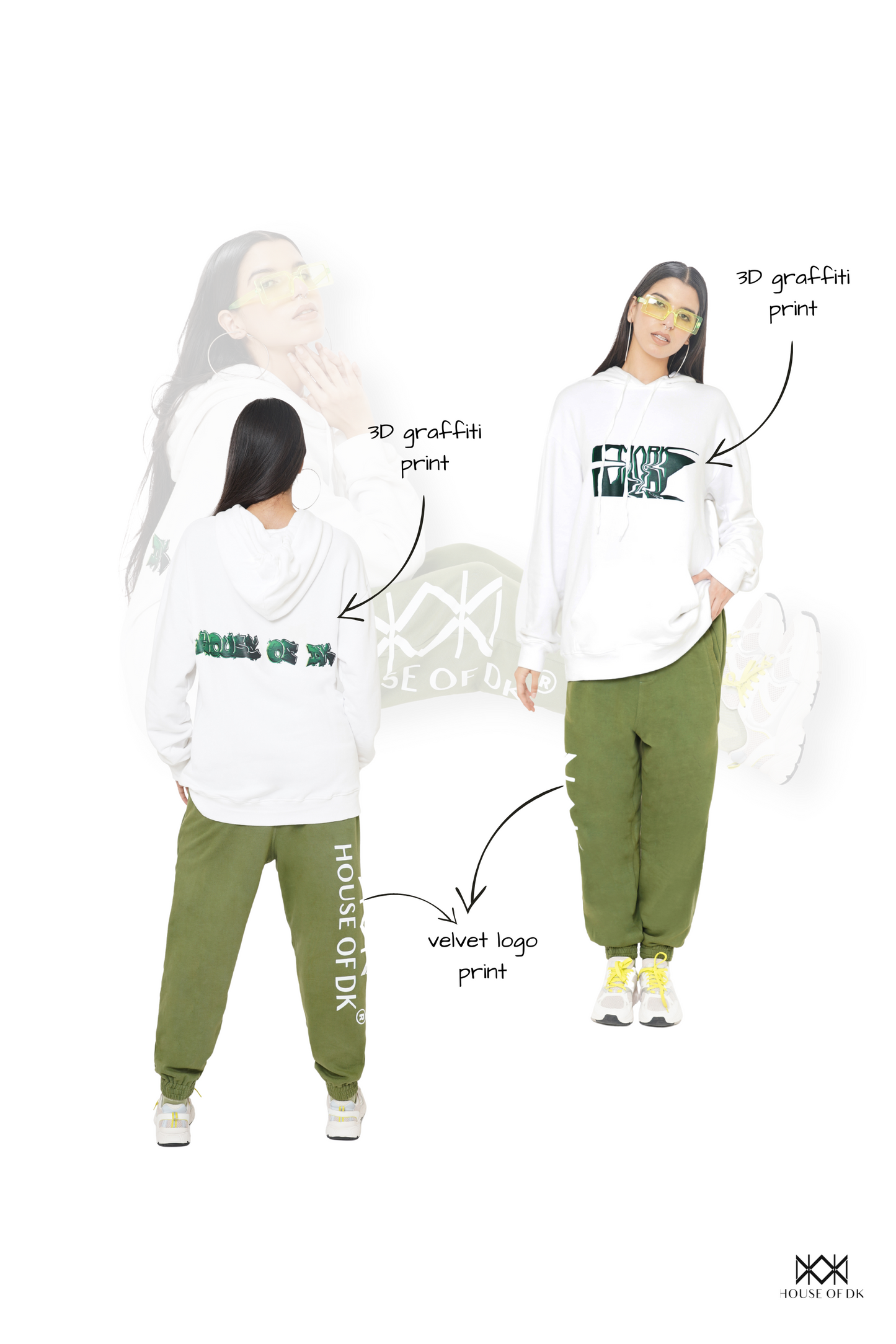 White Mark Graphic Hoodie & Bamboo Green Monogram Sweatpants Set
