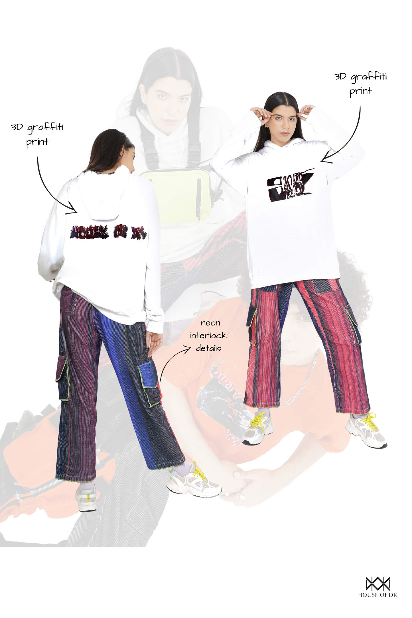 White Mark Graphic Hoodie & Magenta Rush Grainy Cargo Track Pants Set