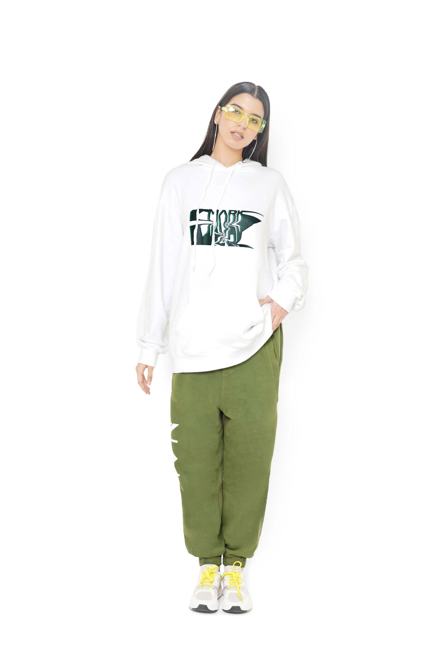White Mark Graphic Hoodie & Bamboo Green Monogram Sweatpants Set