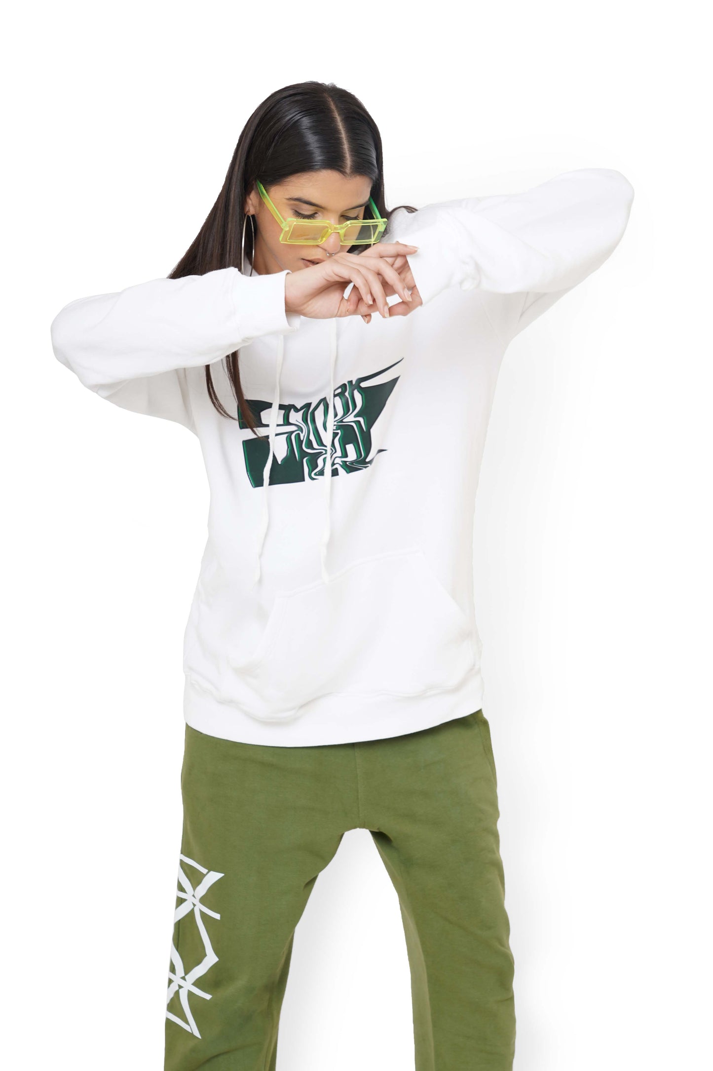White Mark Graphic Hoodie & Bamboo Green Monogram Sweatpants Set