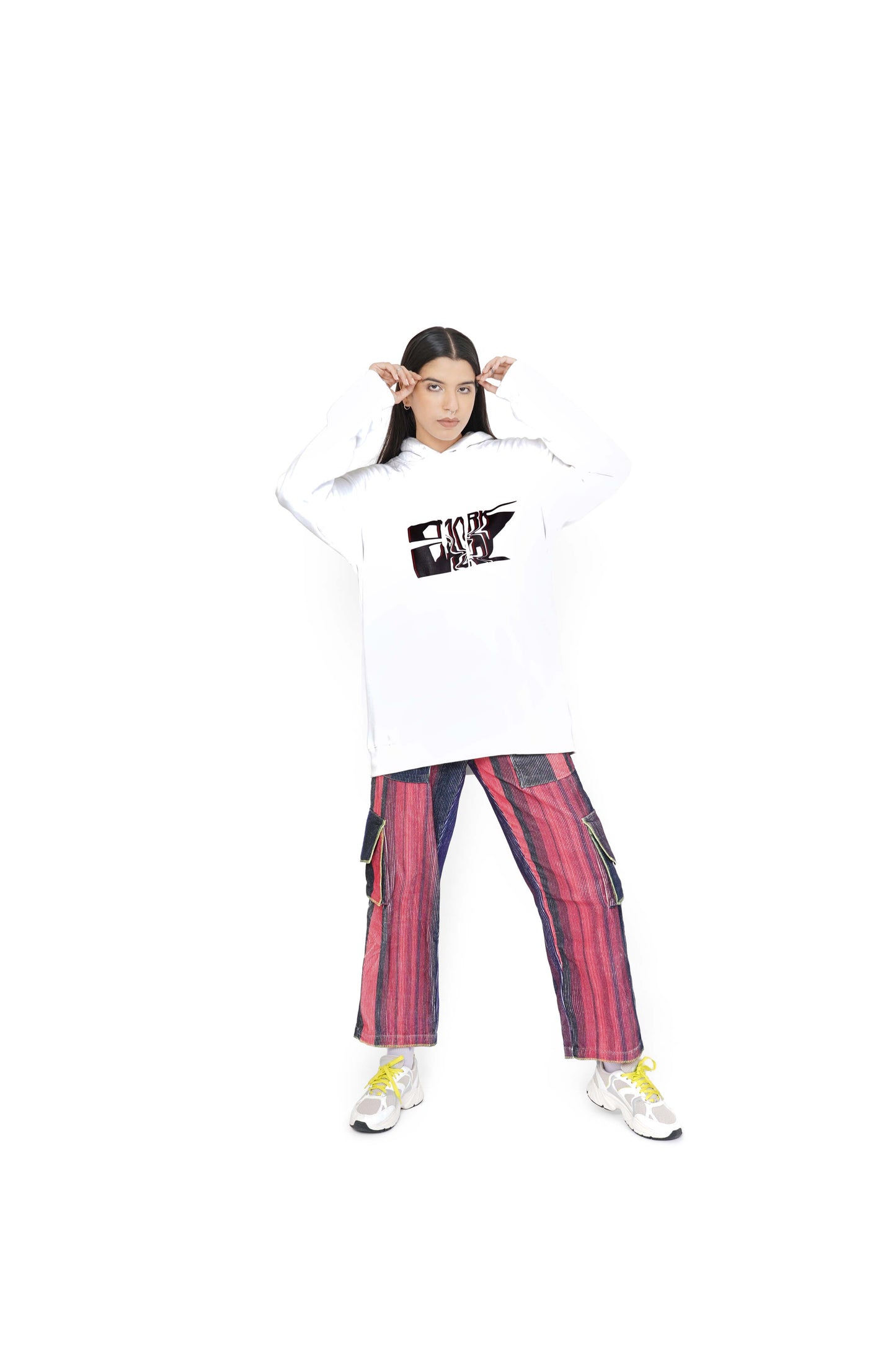 White Mark Graphic Hoodie & Magenta Rush Grainy Cargo Track Pants Set