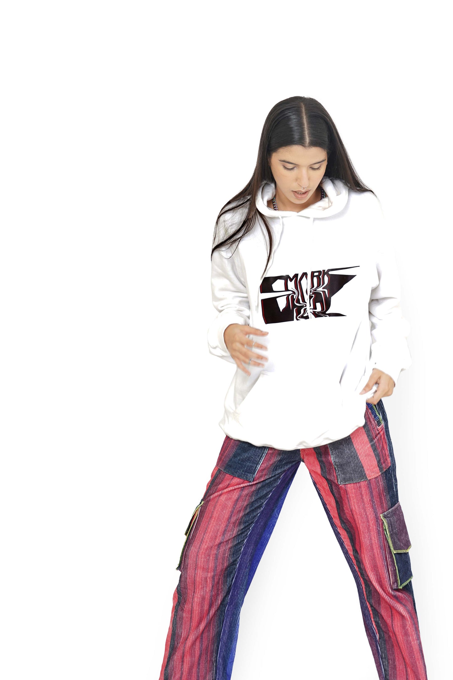 White Mark Graphic Hoodie & Magenta Rush Grainy Cargo Track Pants Set