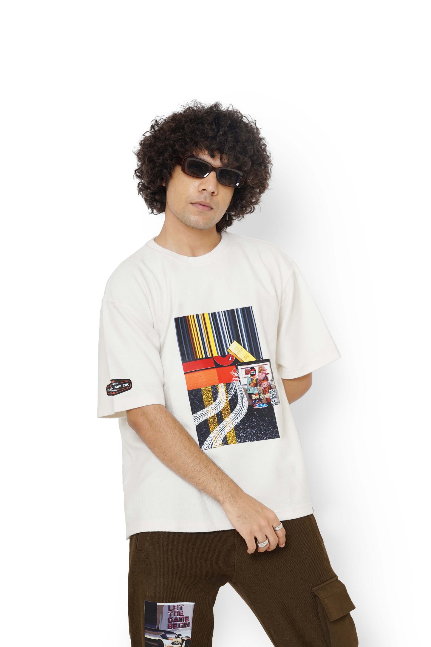 Cane Beige Graphic T-Shirt & Nut Brown Utility Cargo Track Pants Set