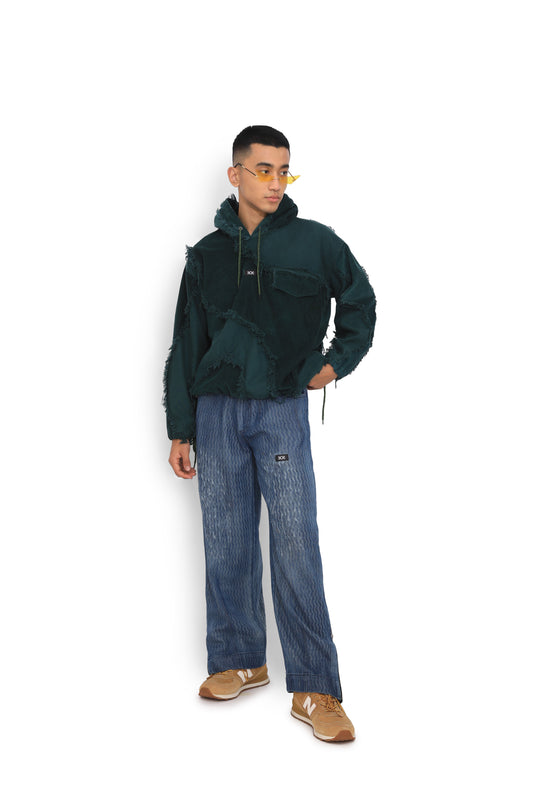 Sea Green Panel Distressed Hoodie