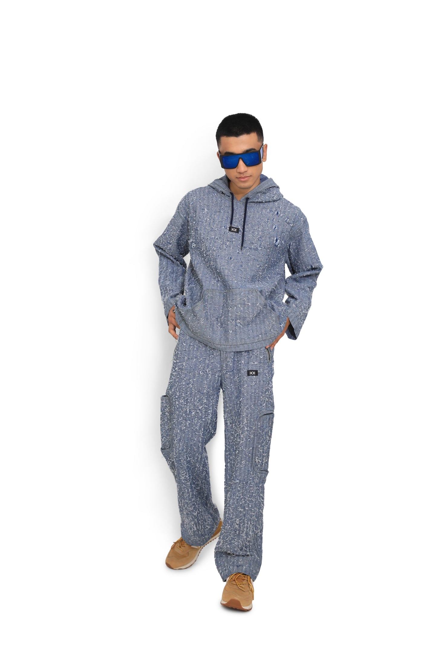 Blue Denim Hand Textured Cargo Pants