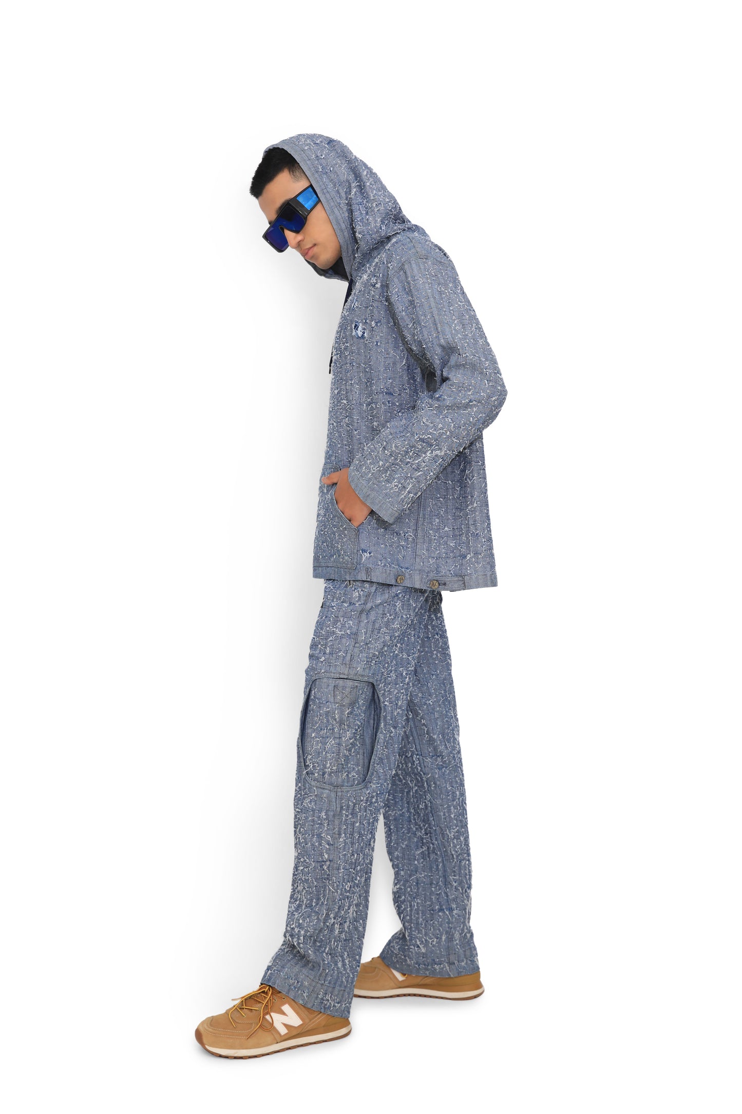 Blue Denim Hand Textured Cargo Pants
