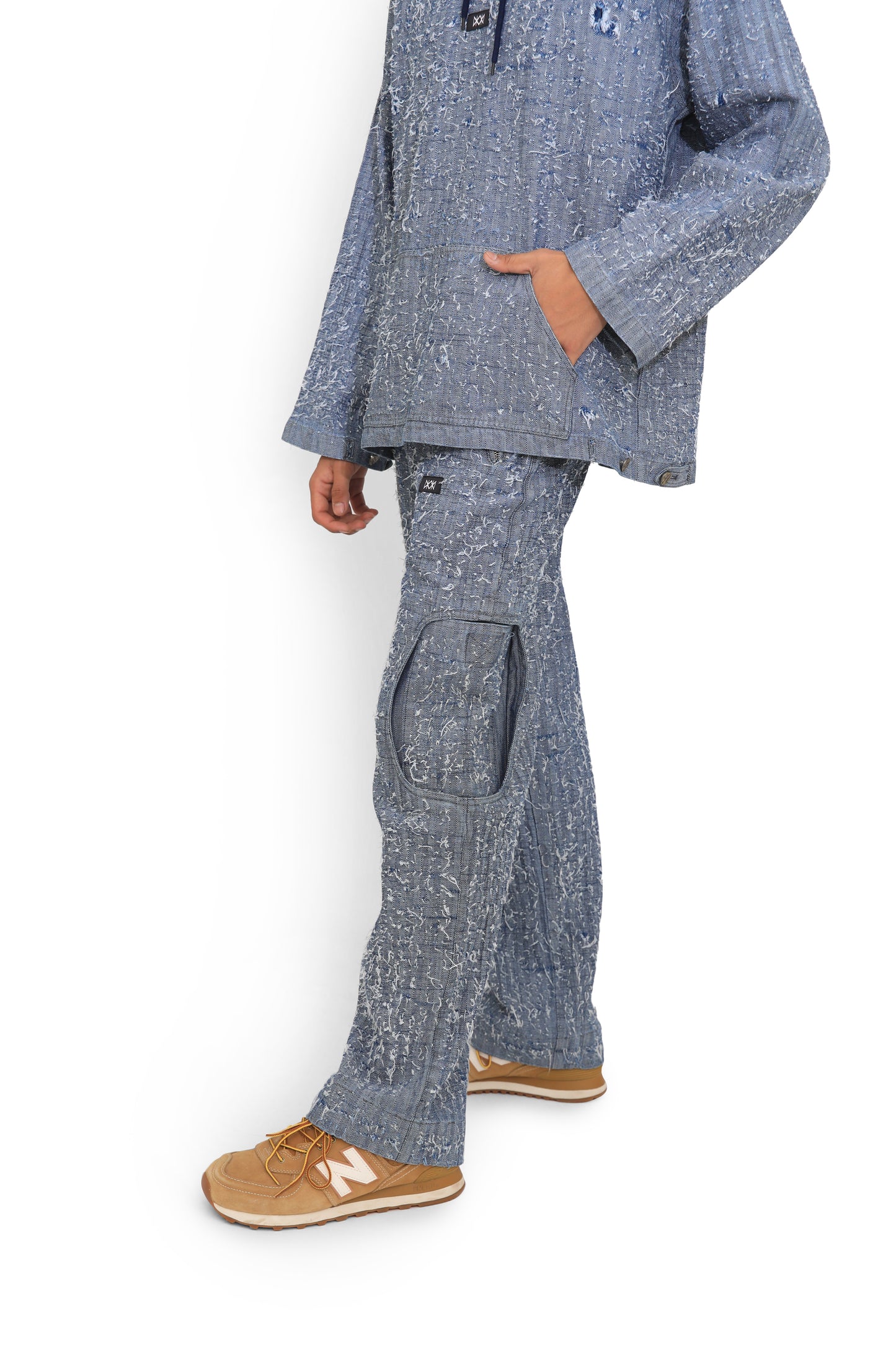Blue Denim Hand Textured Cargo Pants