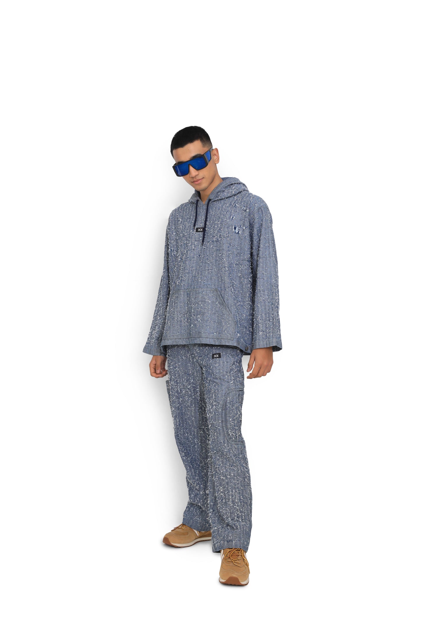 Blue Denim Hand Textured Cargo Pants