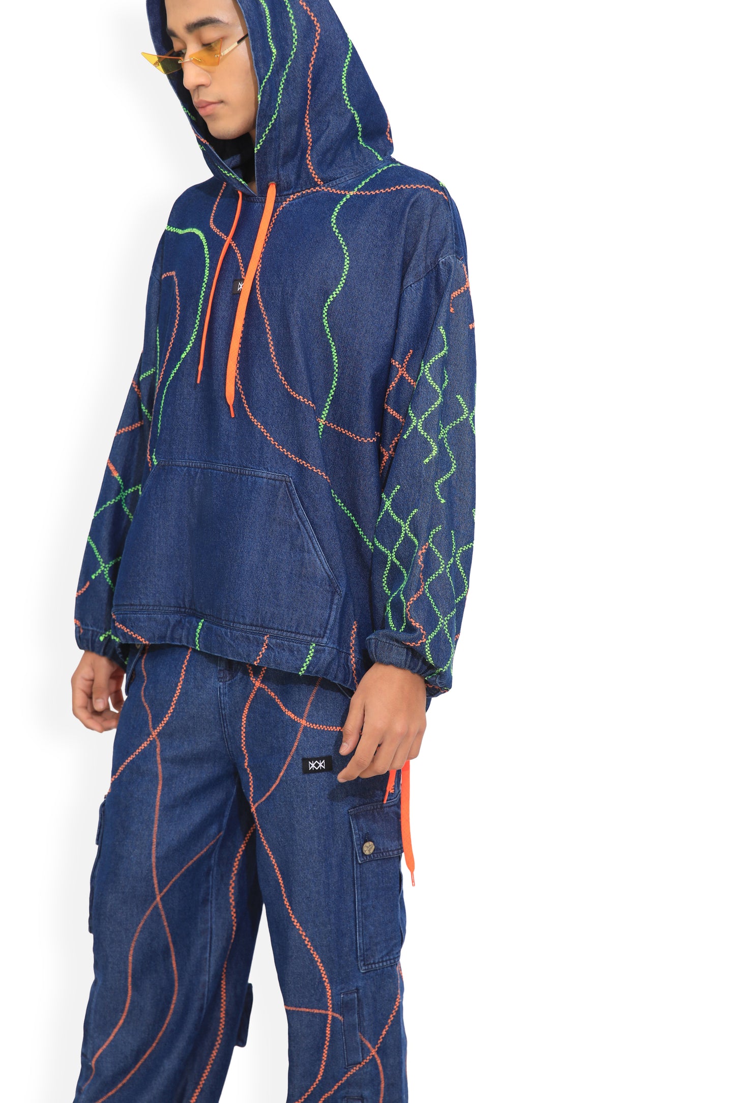 Blue Denim Embroidered Street Map Cargo Pants