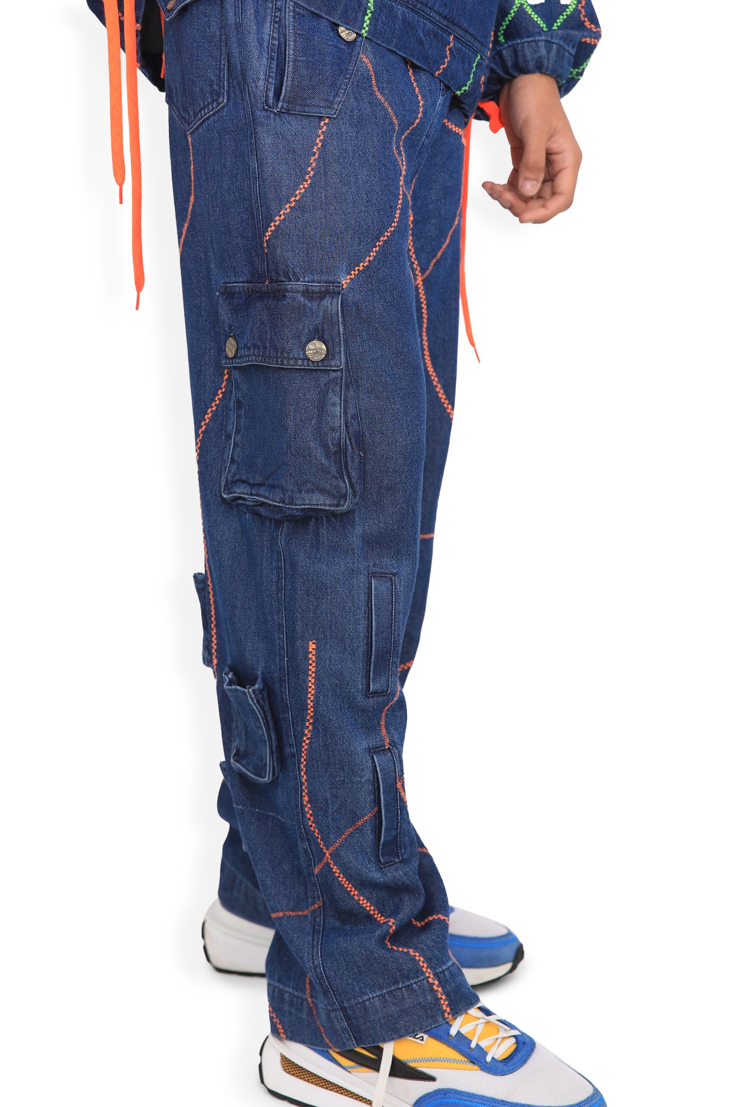 Blue Denim Embroidered Street Map Cargo Pants