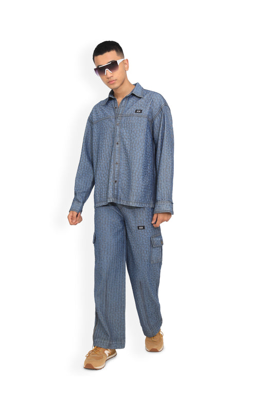 Blue Denim Textured Shirt & Cargo Pants Co-ord Set