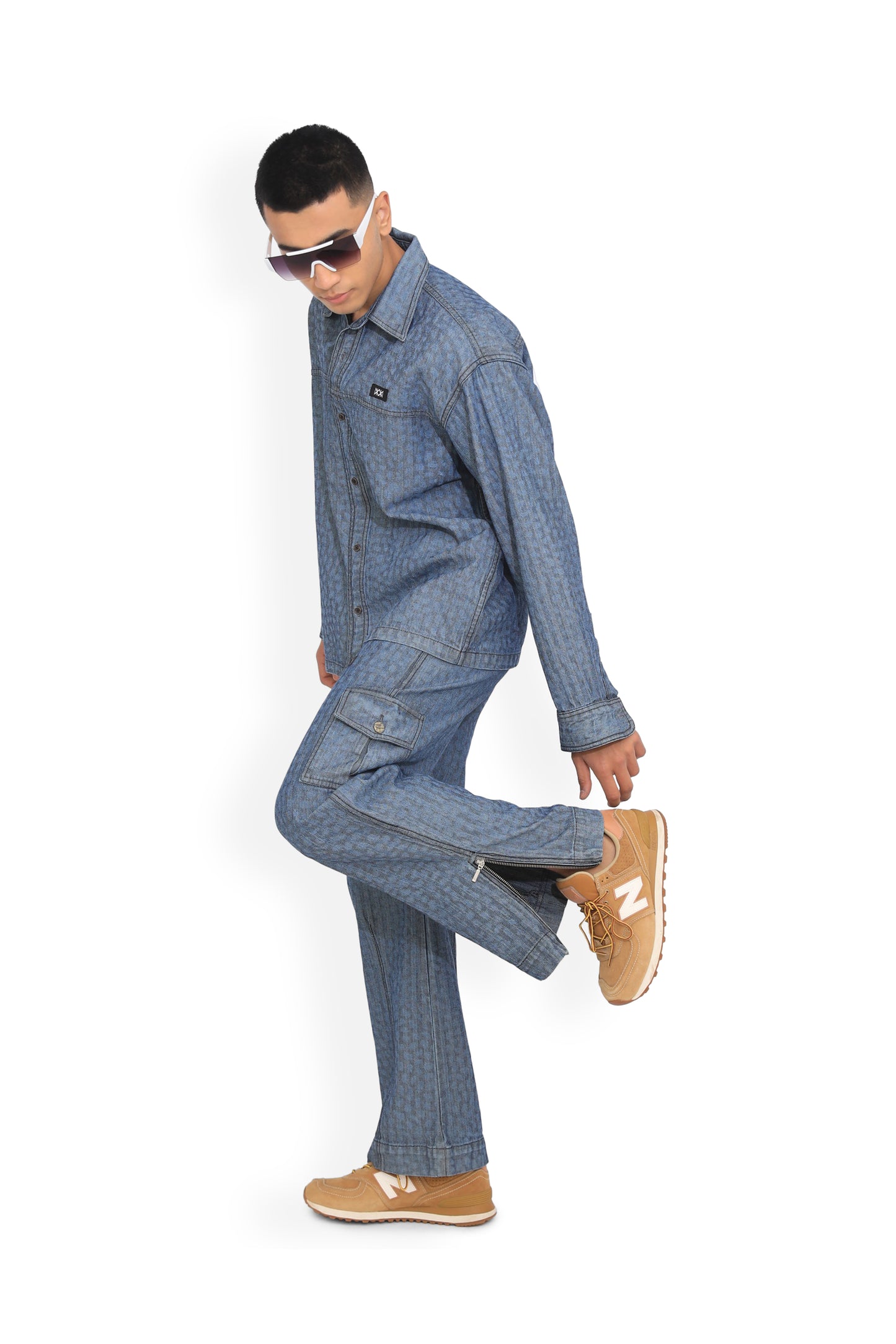 Blue Denim Textured Shirt & Cargo Pants Co-ord Set