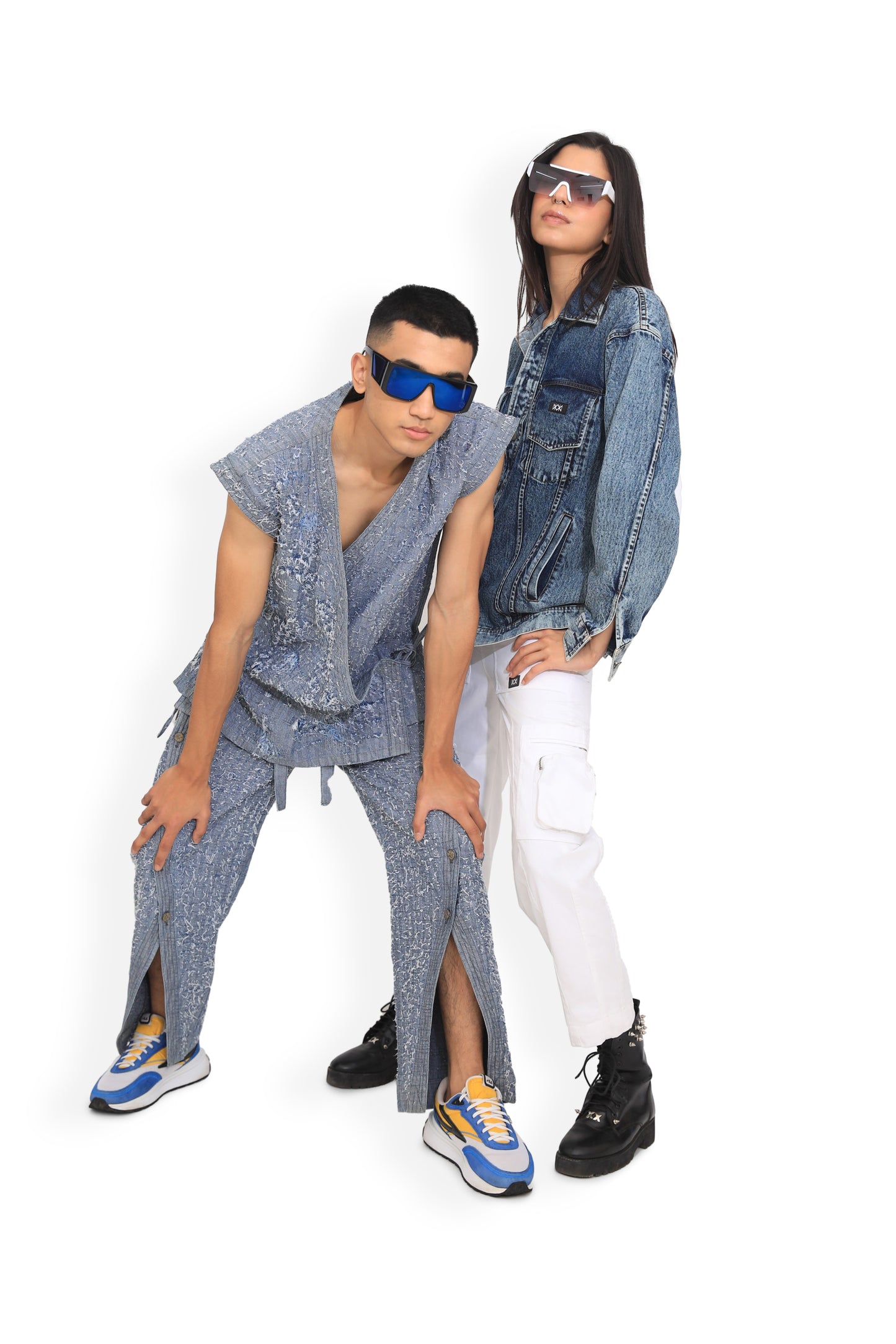 Blue Front Slit Denim Track Pants