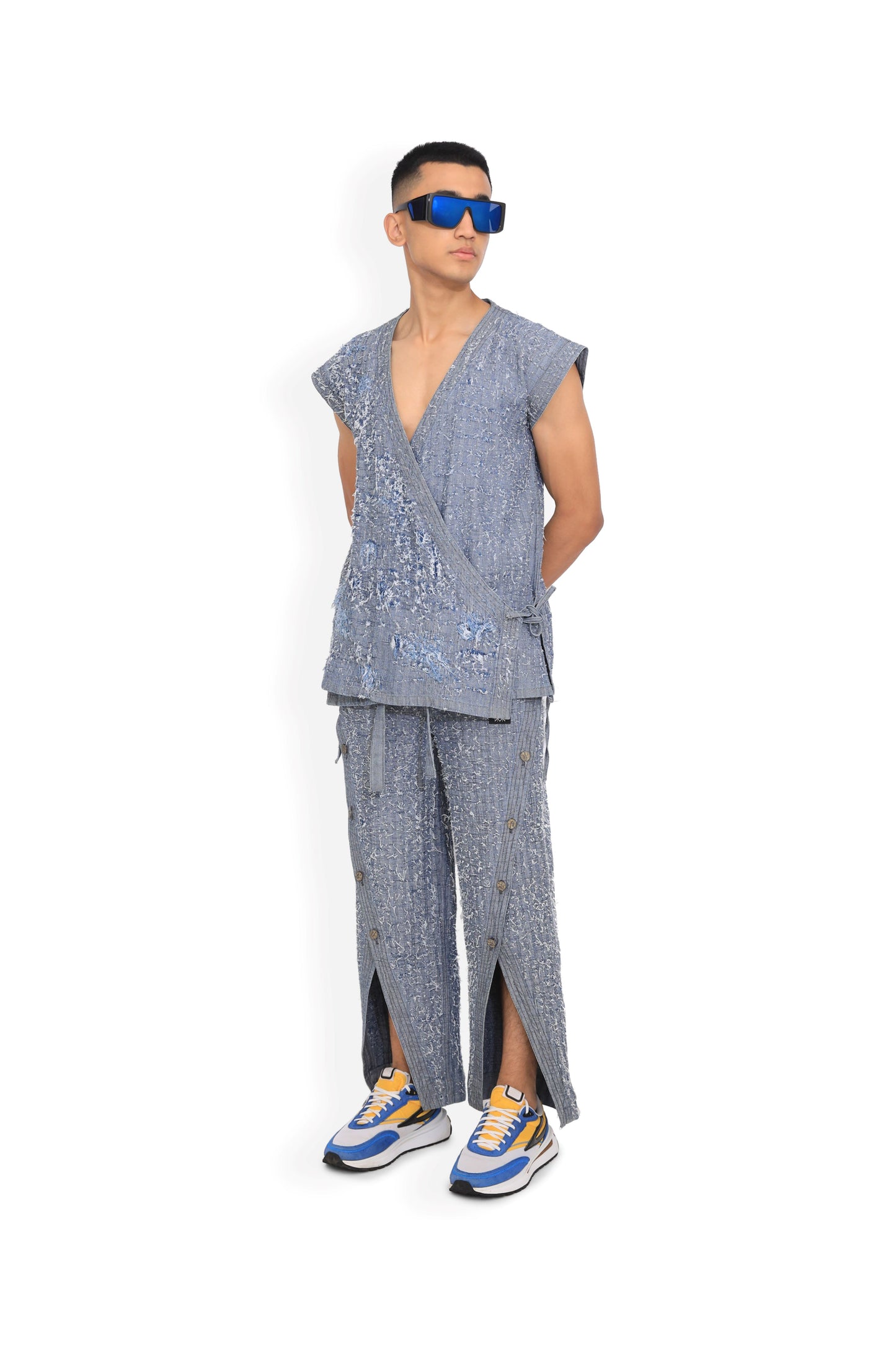 Blue Front Slit Denim Track Pants