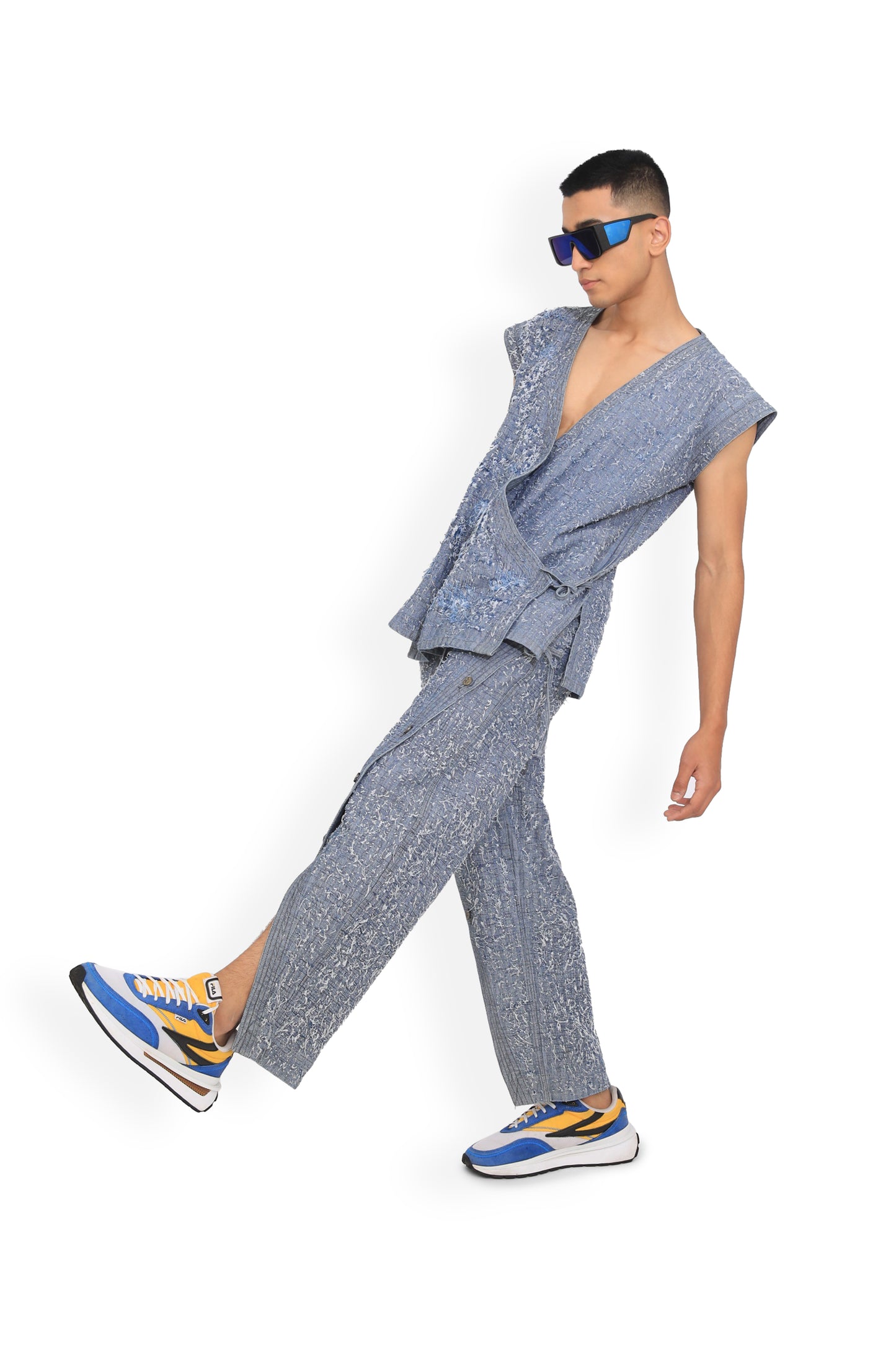Blue Front Slit Denim Track Pants