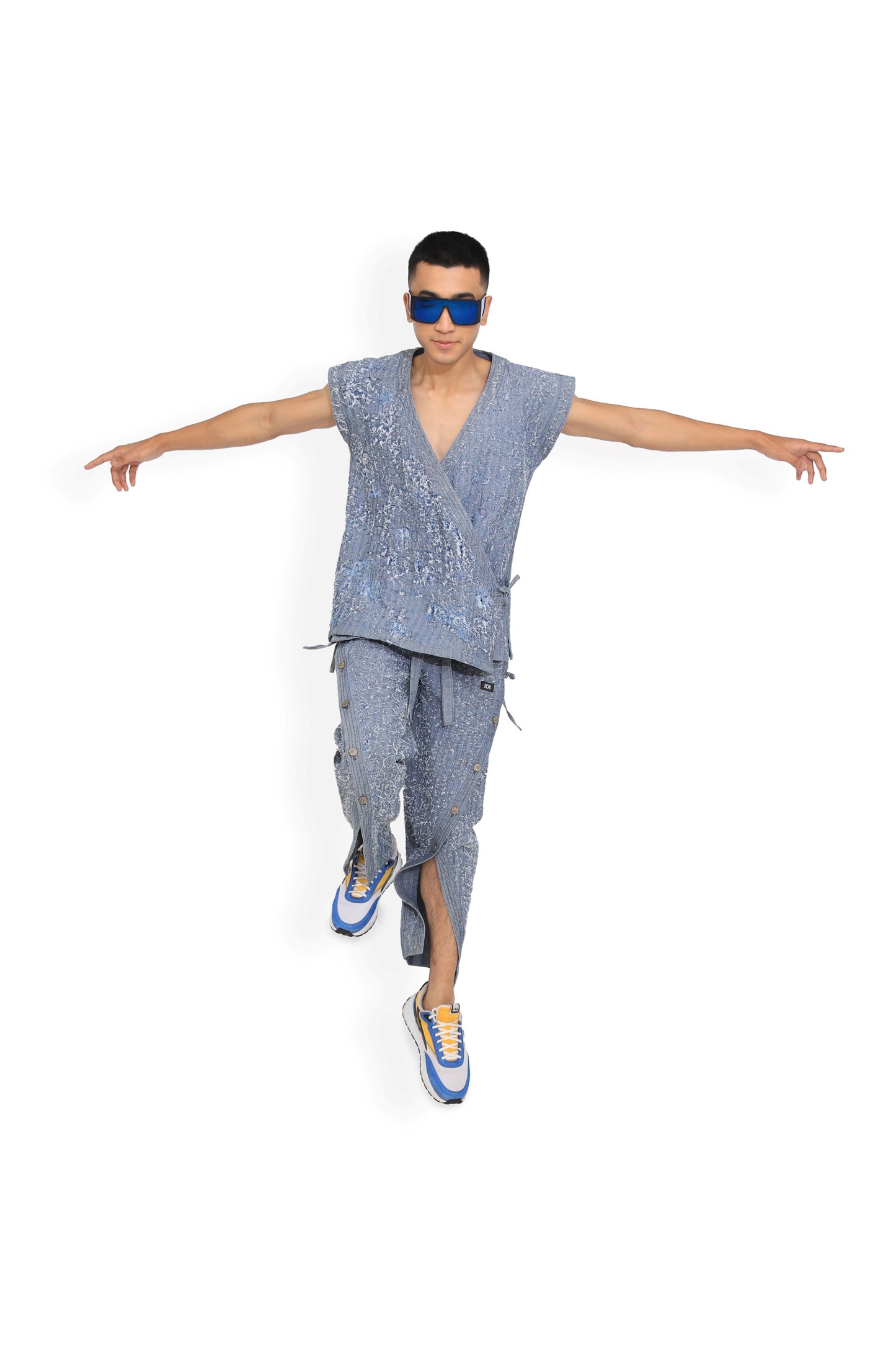 Blue Front Slit Denim Track Pants