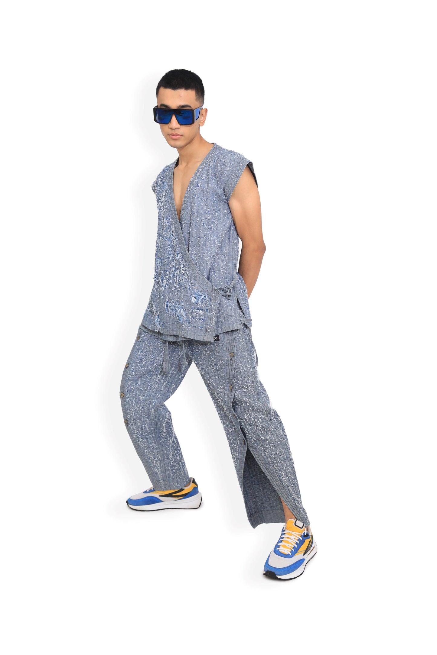 Blue Front Slit Denim Track Pants