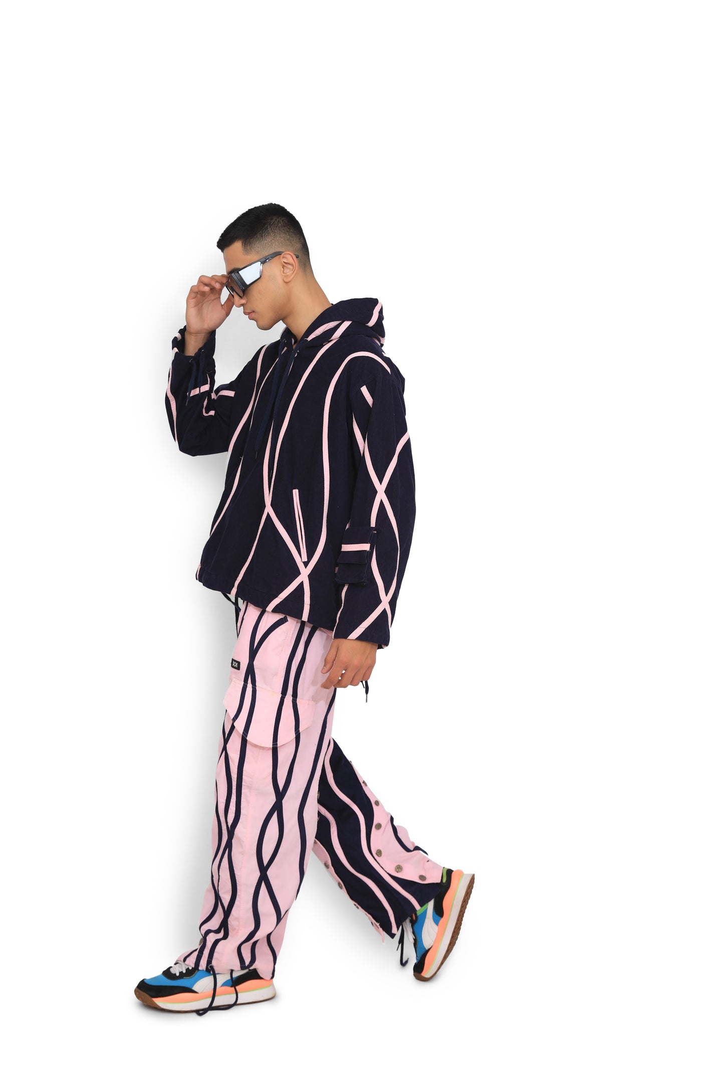 Baby Pink & Blue Contrast Overlap Track Pants