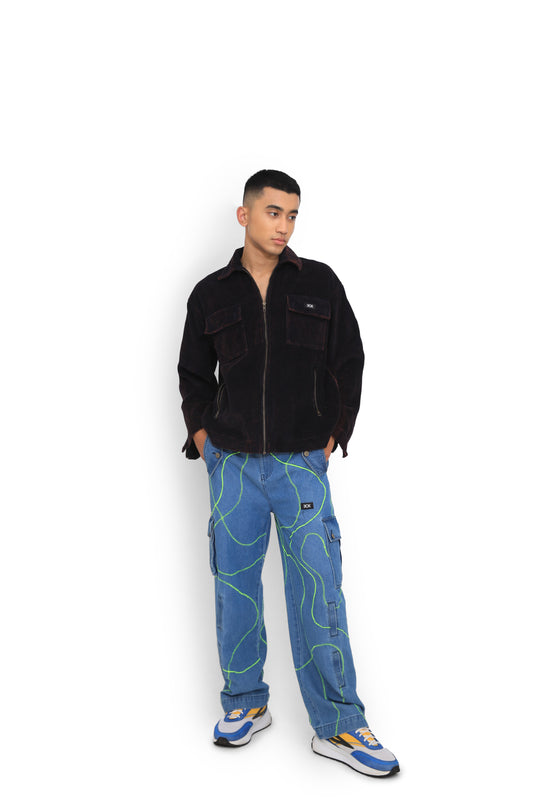 Blue Embroidered Street Map Cargo Pants