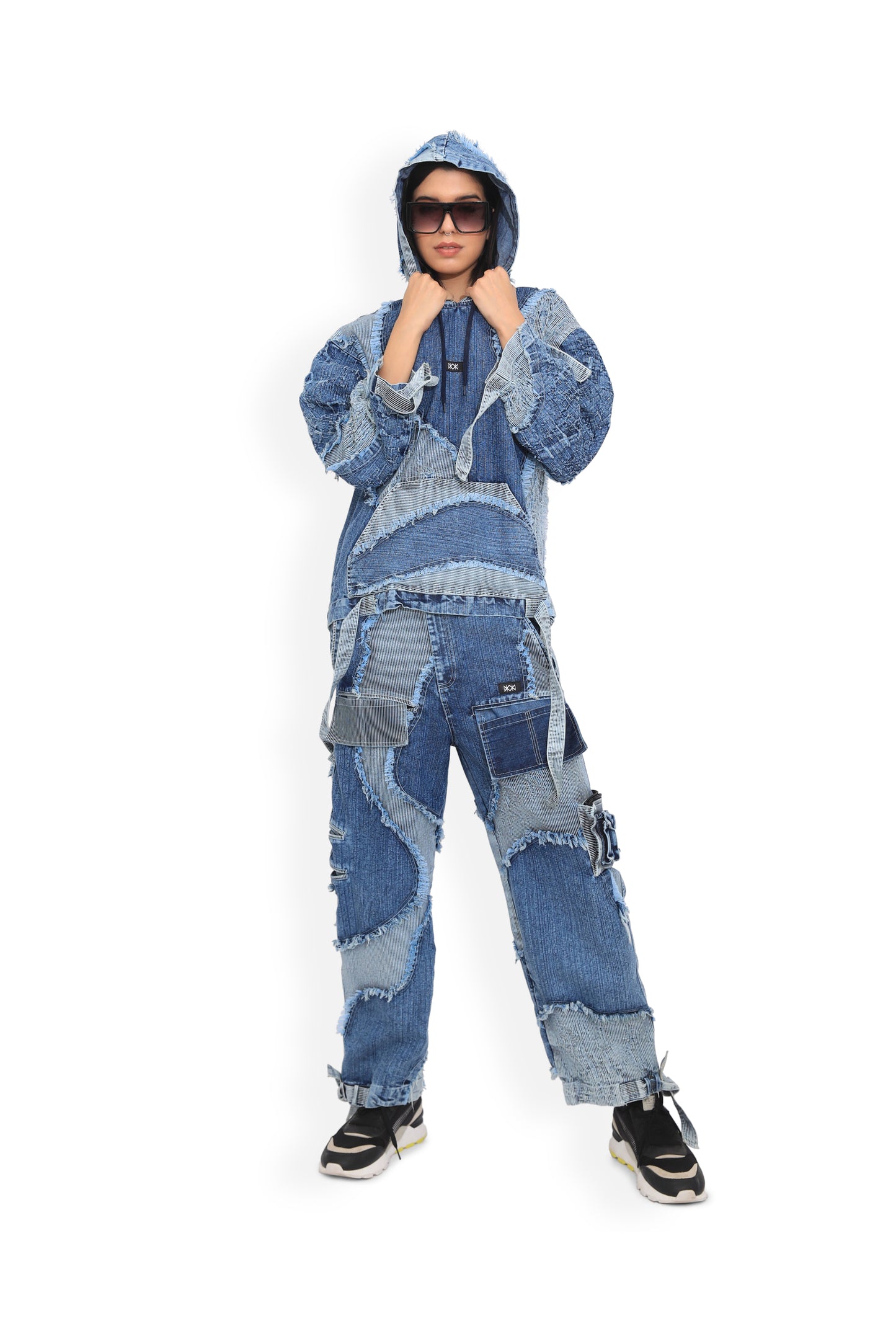 Blue Panel Distressed Cargo Pants