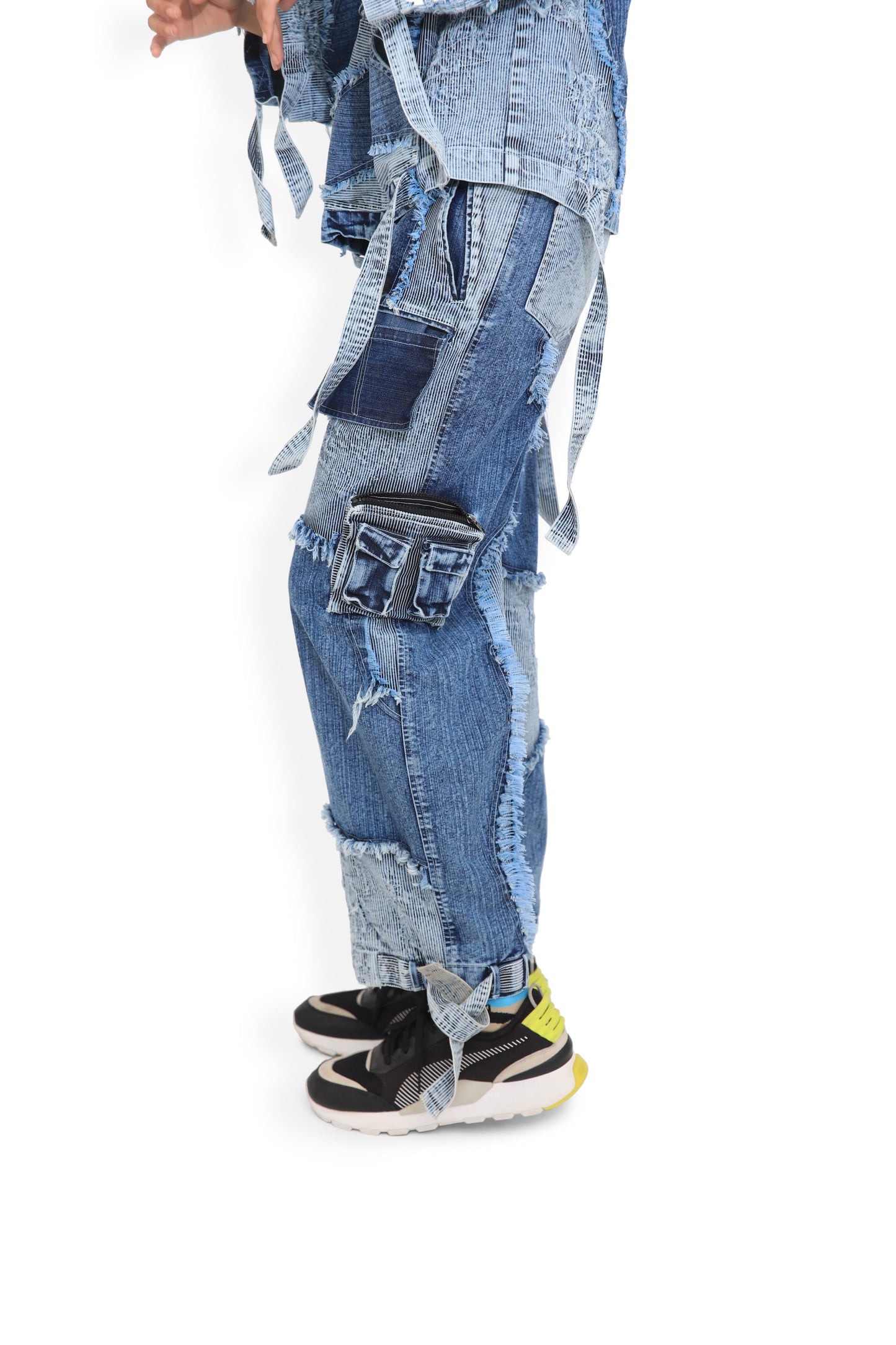 Blue Panel Distressed Cargo Pants