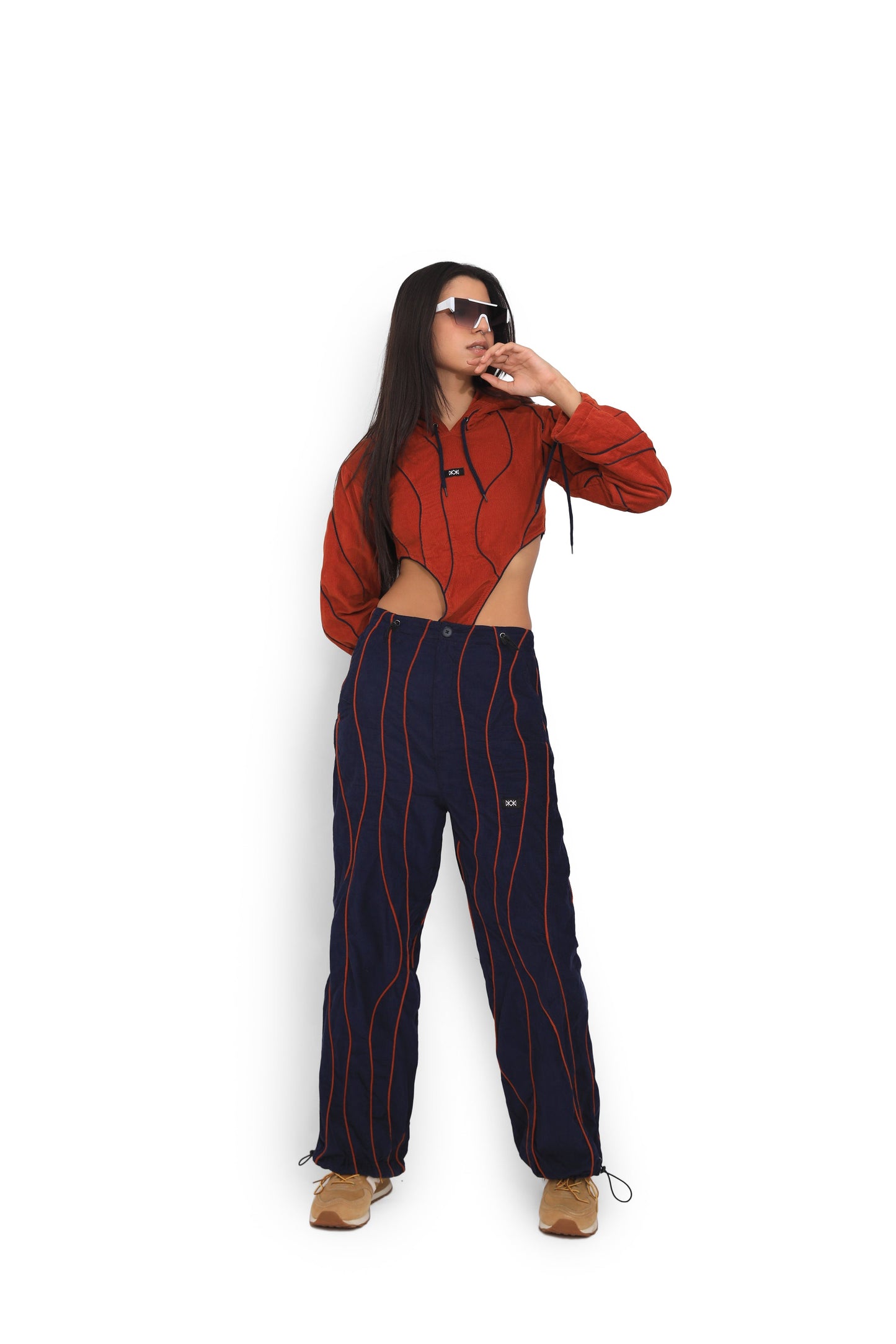 Navy Blue Contrast Piping Track Pants