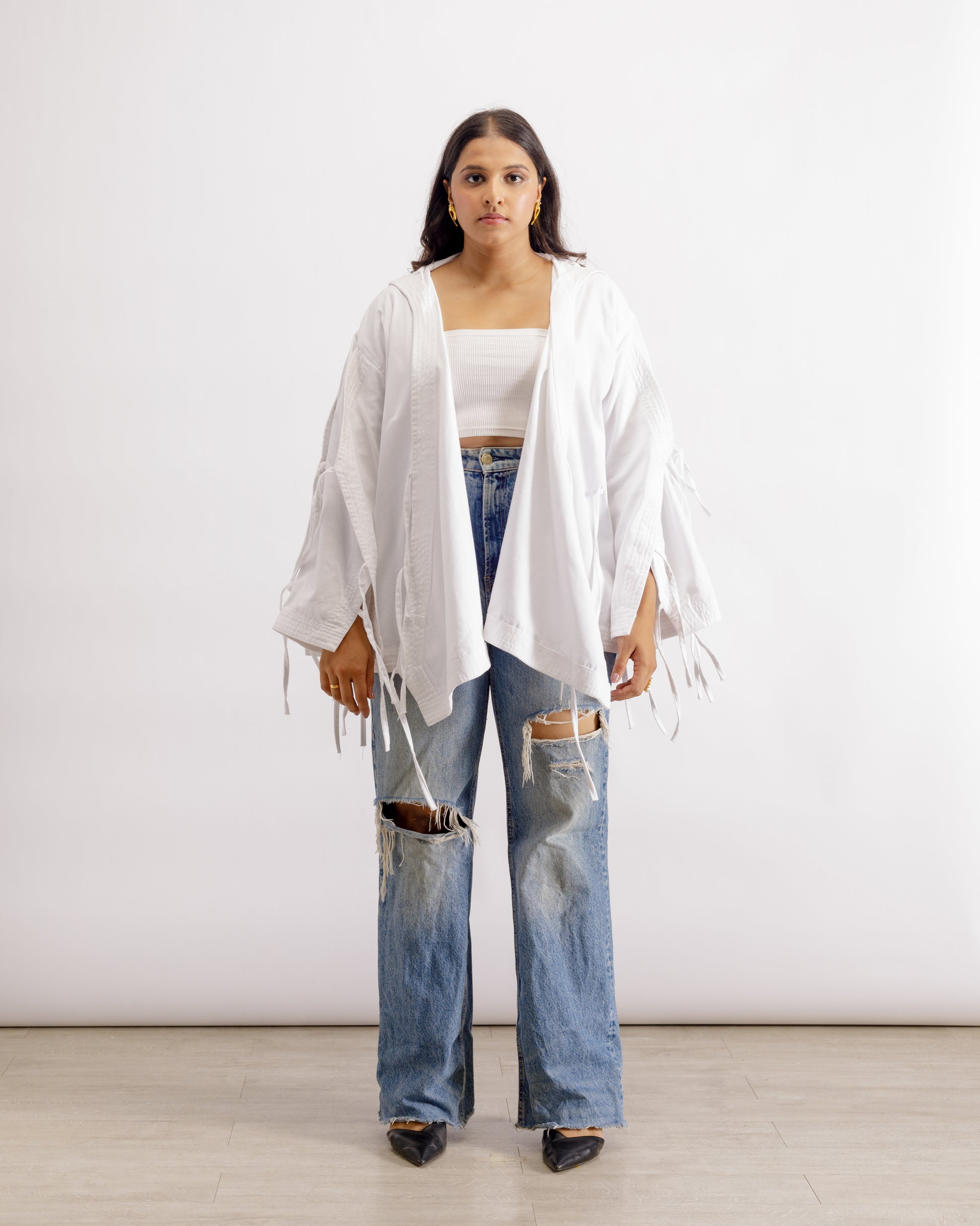 White Deconstructed Denim Cape Jacket House of DK