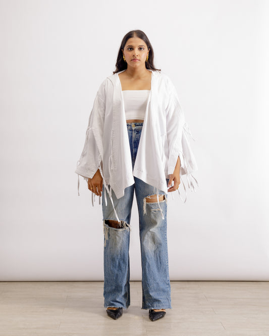 White Deconstructed Denim Cape Jacket