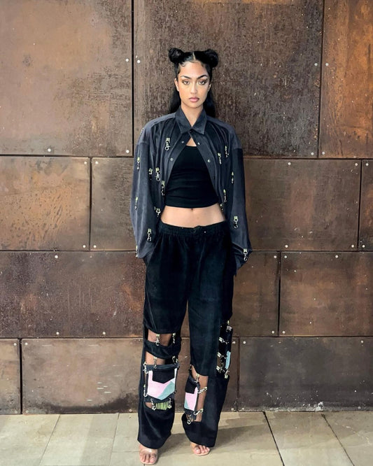 Hollow cut cargo track pants