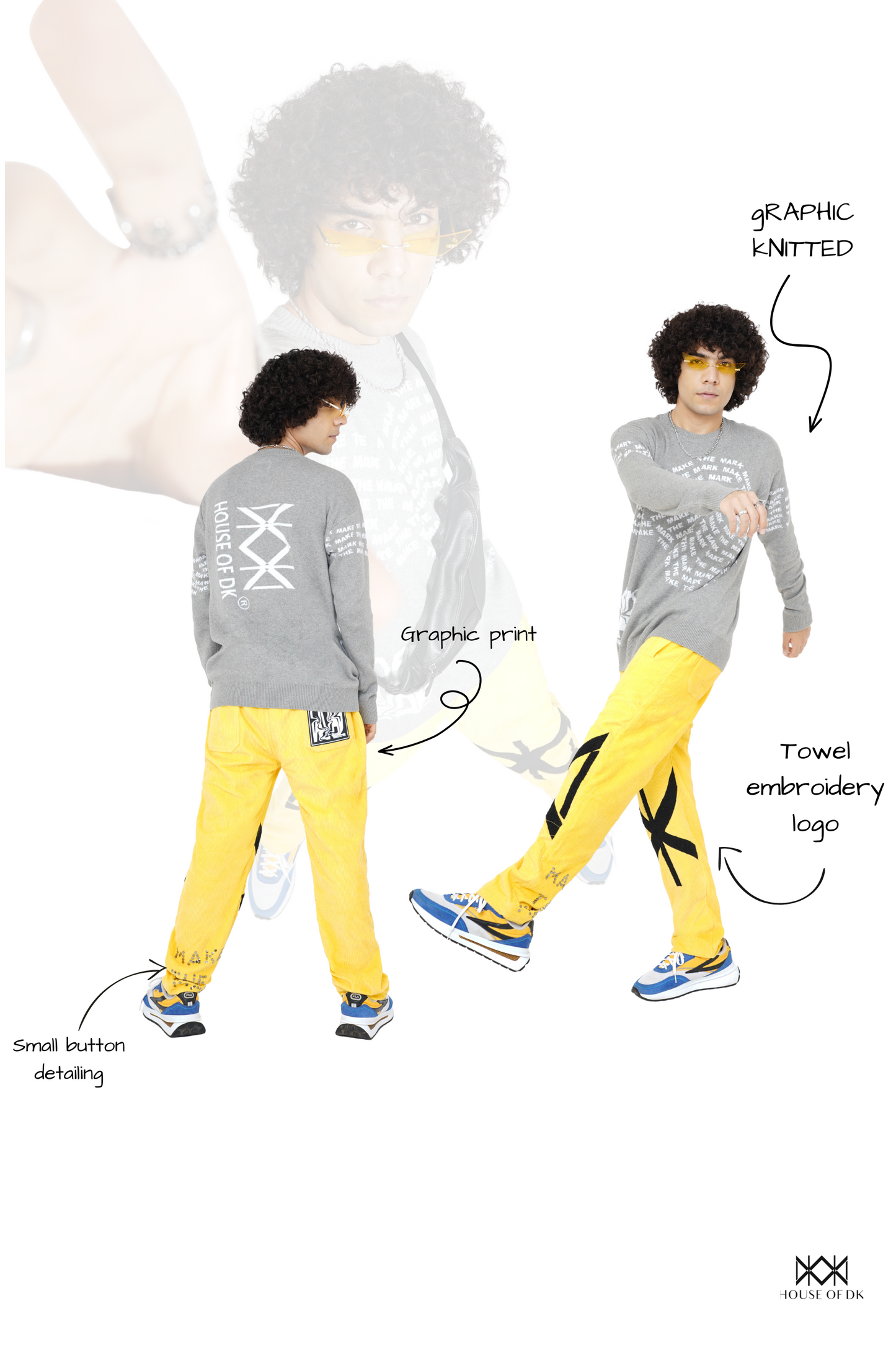 Smokey Grey Graphic Knitted Sweatshirt & Sporty Yellow Monogram Pants Set