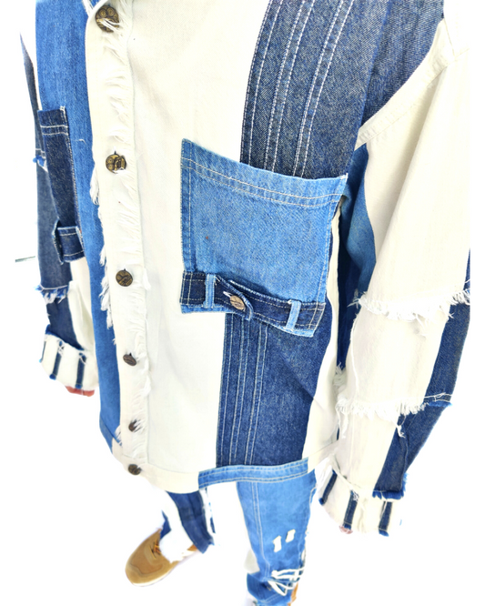 Blue Colour Block Denim Shacket