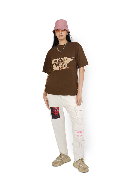 Nut Brown Mark T-Shirt & Cane Beige Utility Cargo Track Pants Set