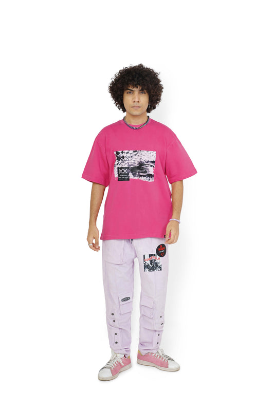 Shocking Pink Graphic T-Shirt & Misty Purple Control Cargo Track Pants Set