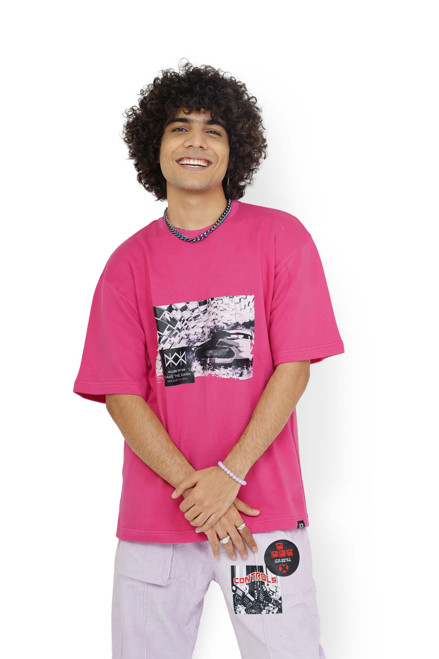 Shocking Pink Graphic T-Shirt & Misty Purple Control Cargo Track Pants Set