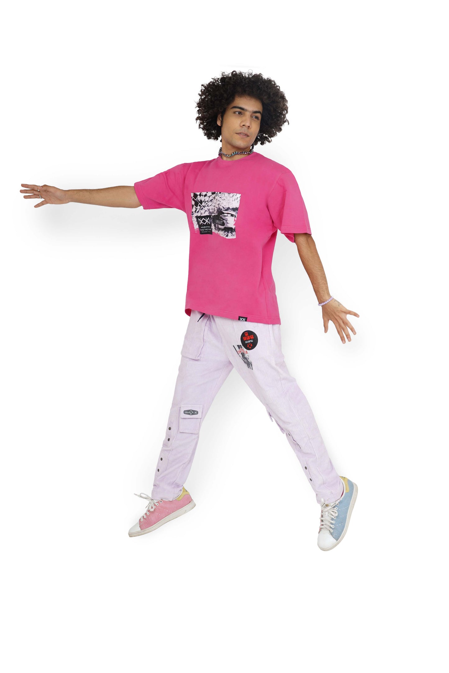 Shocking Pink Graphic T-Shirt & Misty Purple Control Cargo Track Pants Set