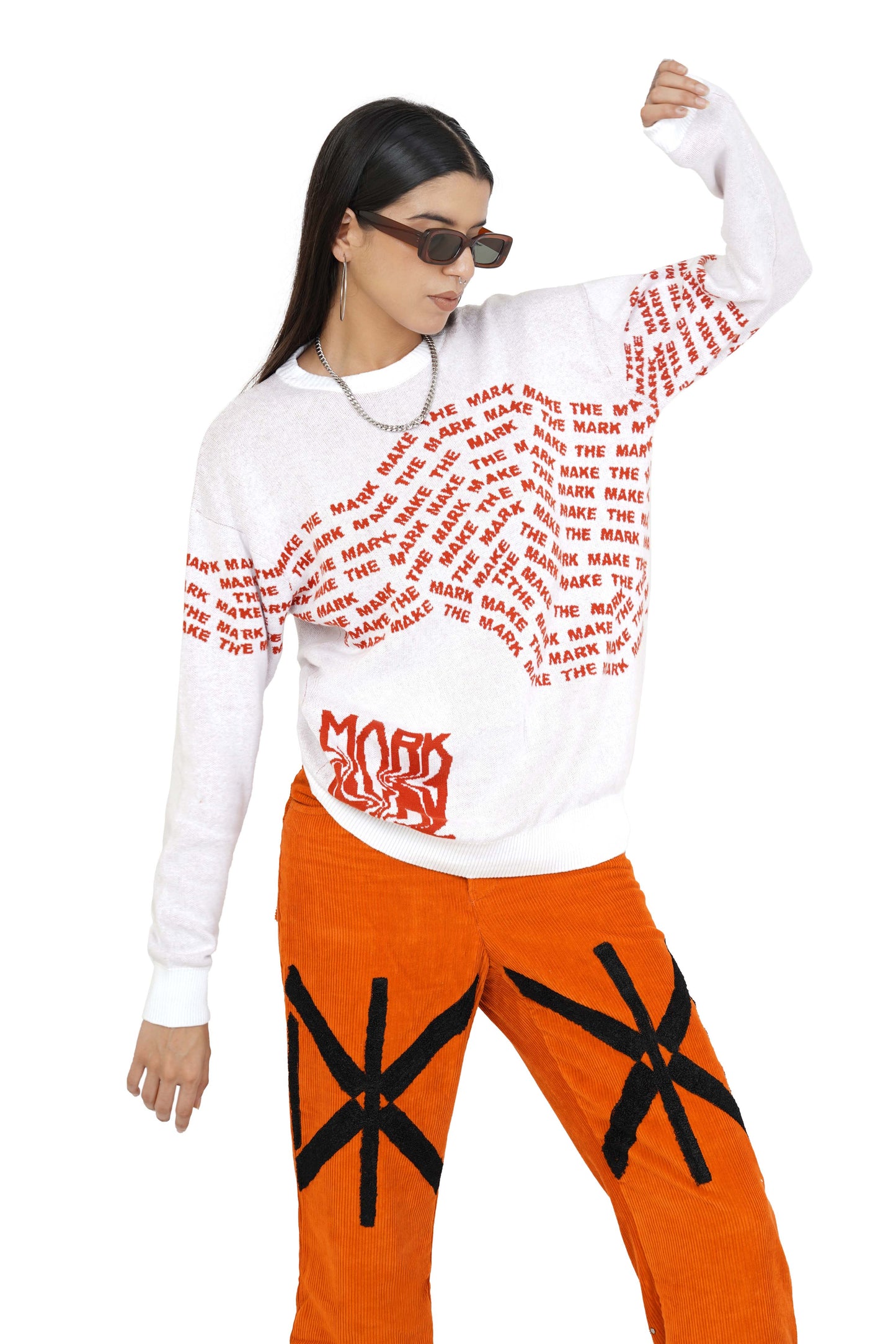 Orange Tan Graphic Knitted Sweatshirt & Monogram Pant Set