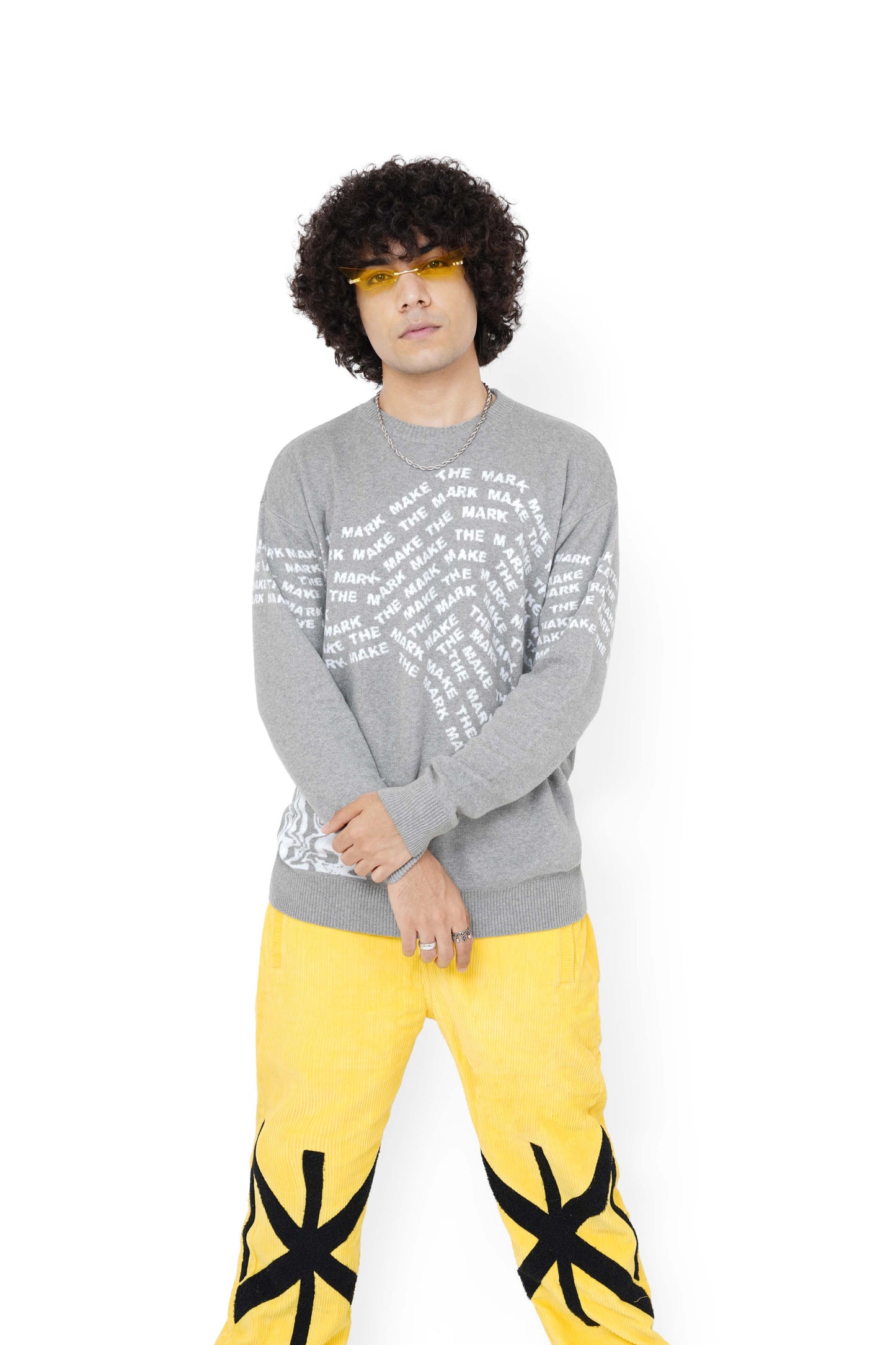 Smokey Grey Graphic Knitted Sweatshirt & Sporty Yellow Monogram Pants Set
