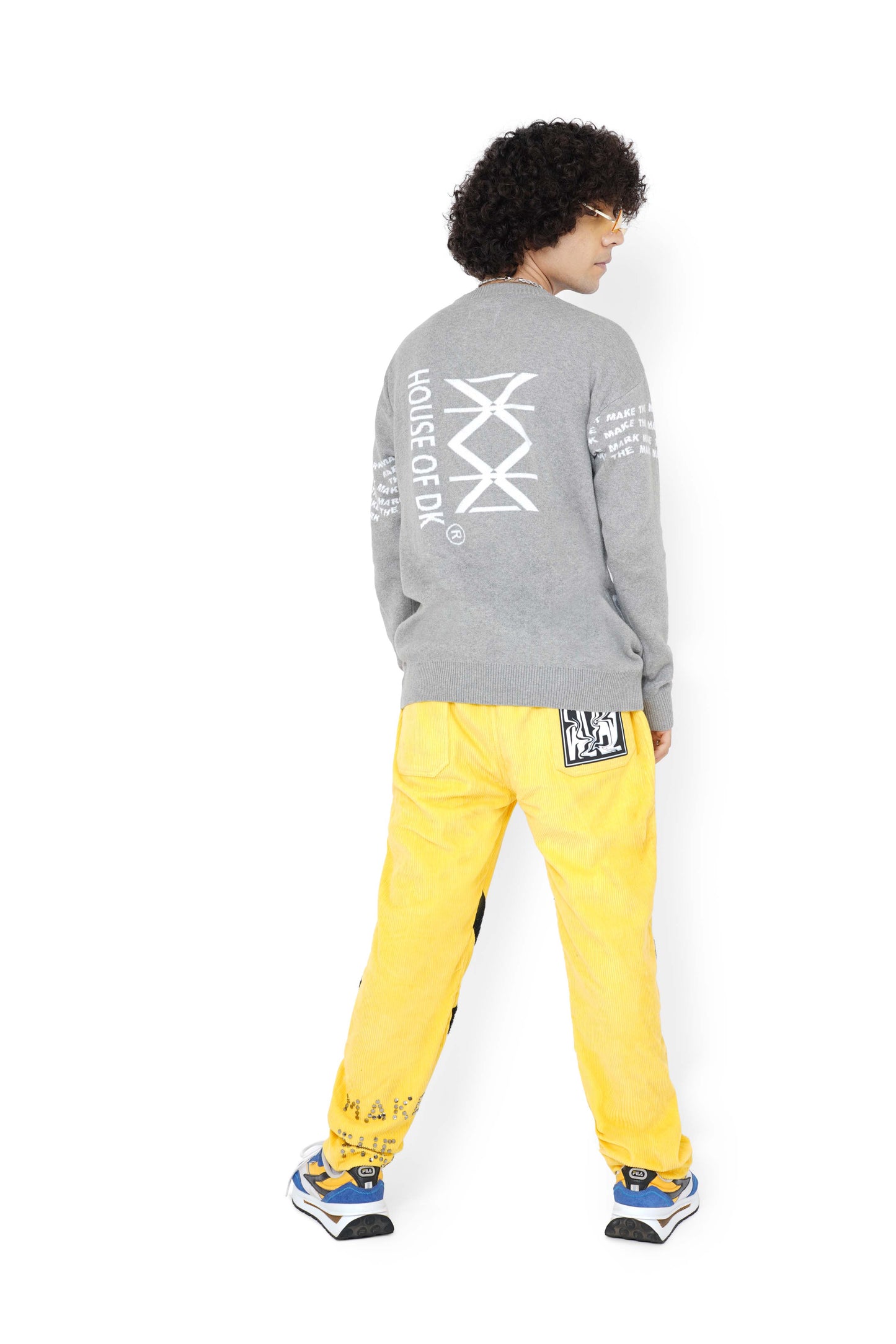 Smokey Grey Graphic Knitted Sweatshirt & Sporty Yellow Monogram Pants Set